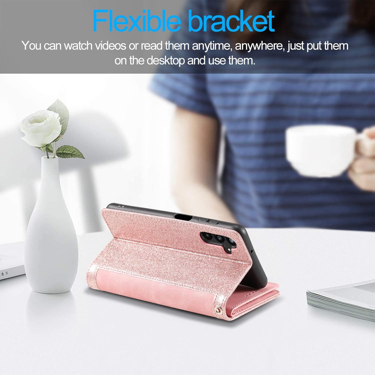 EYZUTAK Wallet Phone Case for Samsung Galaxy A15 4G/5G, Retro Matte 9 Card Holder Slots Zipper Pocket Handbag Case PU Leather Magnetic Closure Kickstand with Wrist Strap Flip Purse Case - Rose Gold image number 2