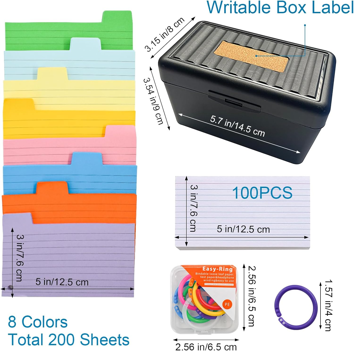 VANRA Index Card Holder 3X5 Flash Card Organizer Case 300 Colored Index Cards Bulk Blank Note Cards with Ring (Black)