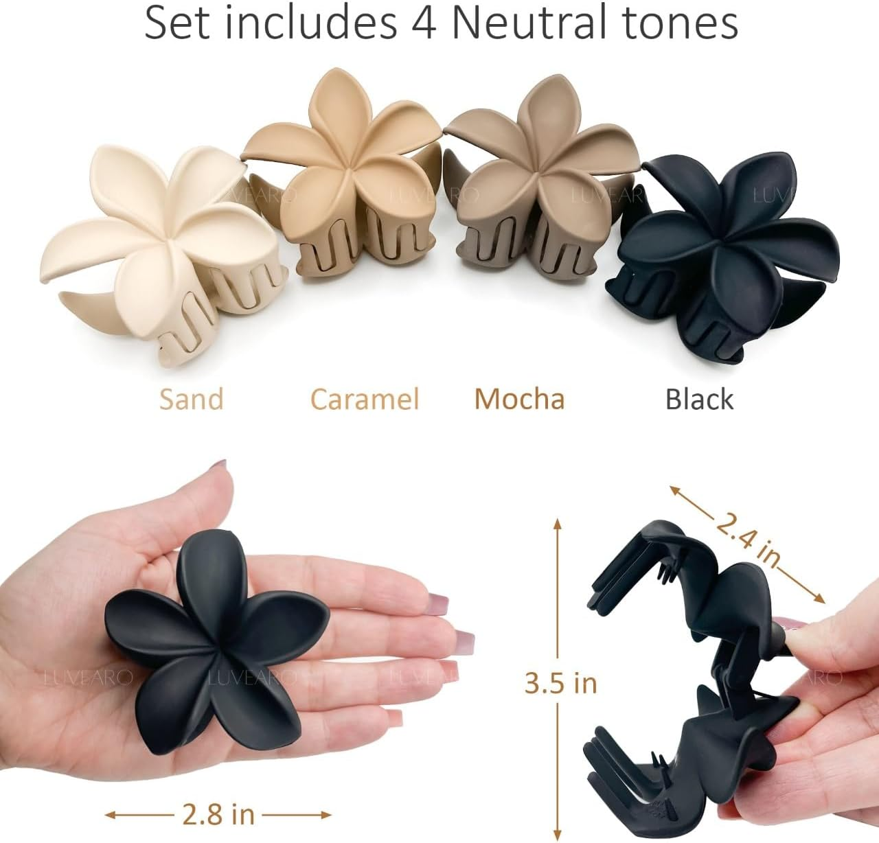 Luvearo 4Pc Nonslip Matte Flower Hair Clips for Women Thick/Thin Hair Accessories for Women Neutral Flower Cute Claw Clips Variety Pack Plumeria Hair Clip image number 3
