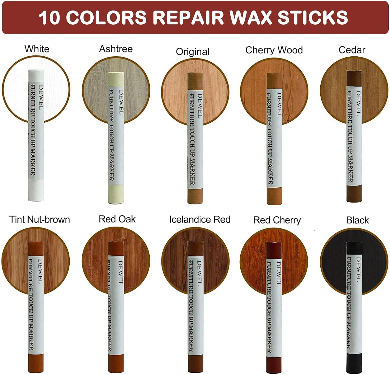 DEWEL Wood Filler Sticks, 10 Pcs Furniture Crayons for Scratches, Touch up Wax Sticks, Upgrade Furniture Repair Wax Crayons Kit for Scratches, Holes, Floor, Table, Laminate, Carpenters image number 3