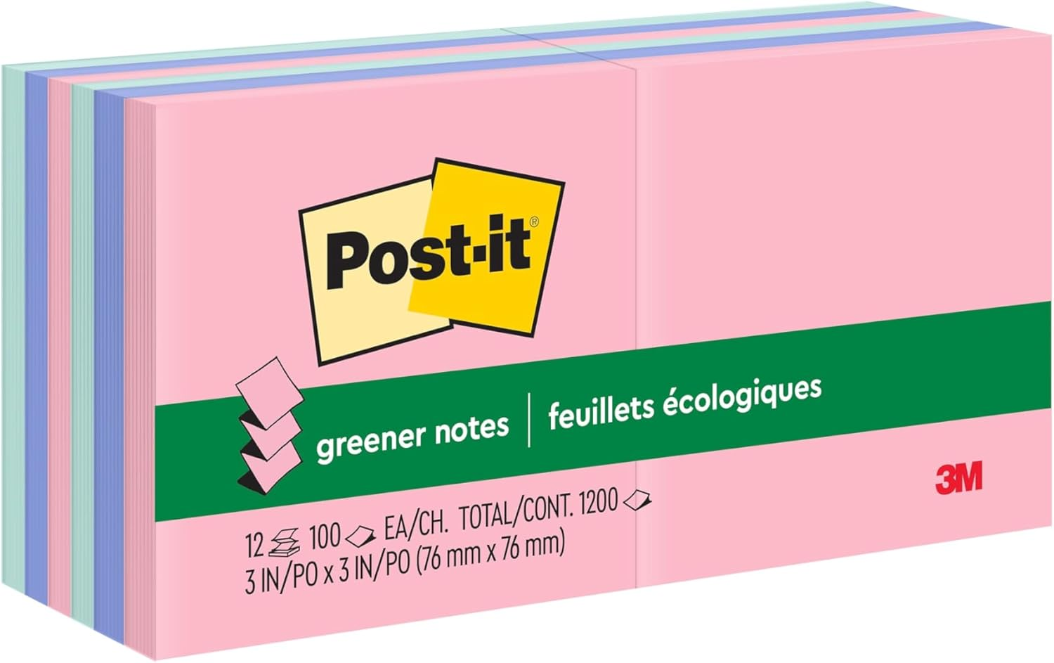 Post-It Pop-Up Notes, 3 in X 3 In, Marseille Collection, 12 Pads/Pack, 100 Sheets/Pad (R330-12AP) - 61 X 152 Mm, 12 Pads, Pink, Blue, Mint Green, Yellow