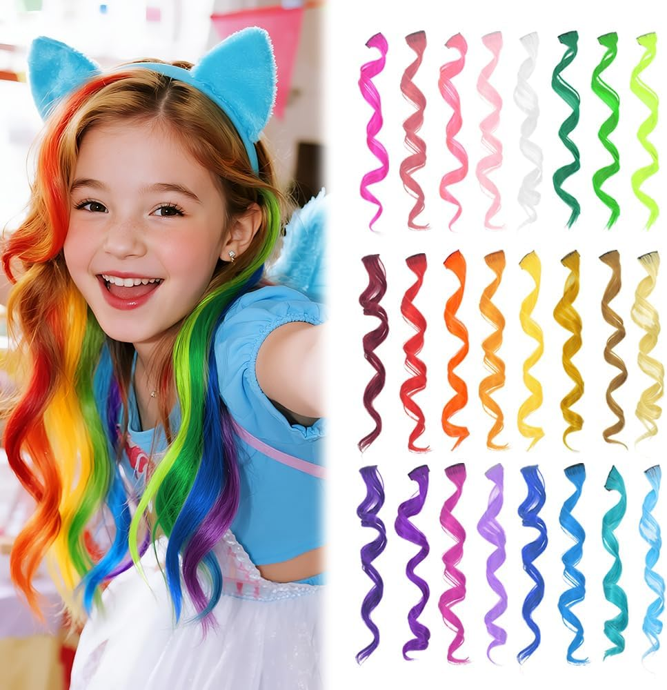 Dreamlover 24 Pack Curly Colored Hair Extensions, Party Highlights Clip in Synthetic Hairpieces for Women, Girls and Kids image number 3