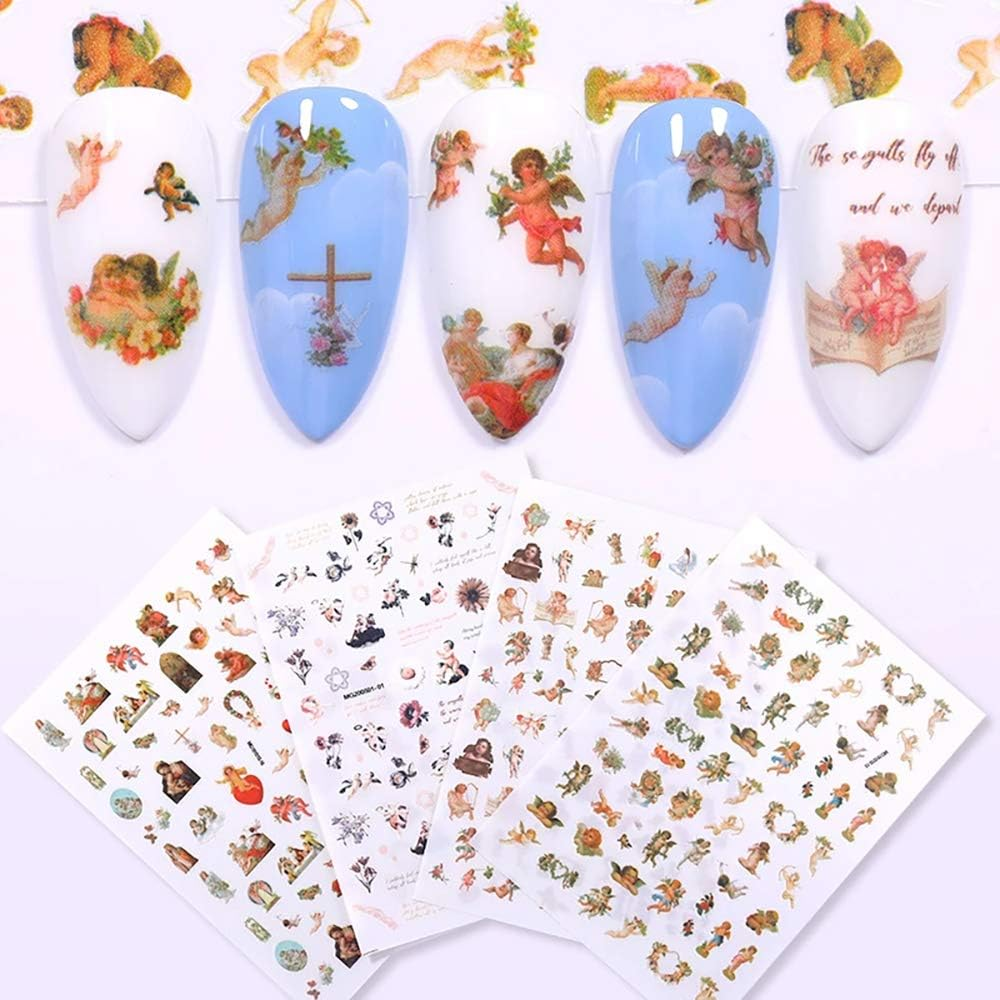 Angel Nail Stickers, 3D Self-Adhesive Baby Angels Nail Decals Baroque Flower Leaf Nail Art Stickers Colorful Mixed Angel Valentine'S Day Nail Decorations for Women Girls (4 Sheets) image number 6