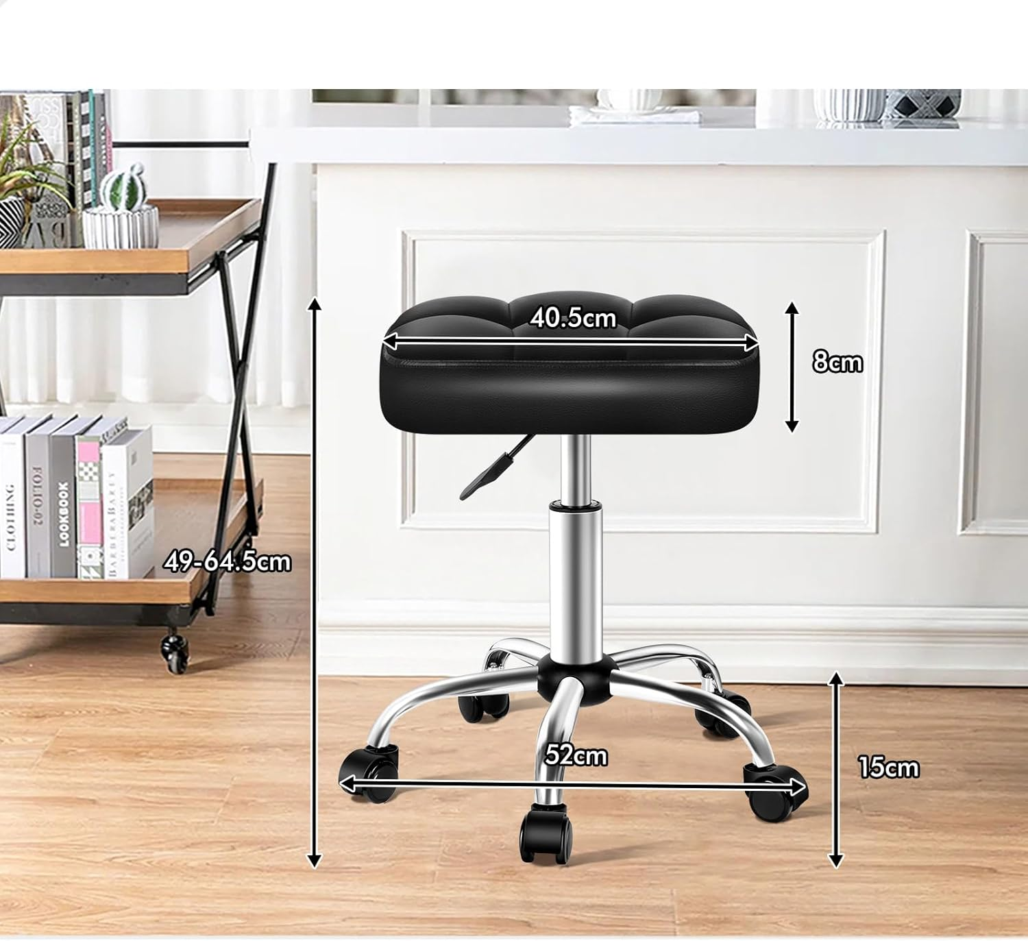 ALFORDSON Salon Stool with PU Leather Upholstery, Adjustable Drafting Rolling Stools in 49-64.5Cm Height, Swivel Spa Chair with Rolling Wheels Hair Barber for Massage Table(Tufan Black) - Tufan Black image number 4