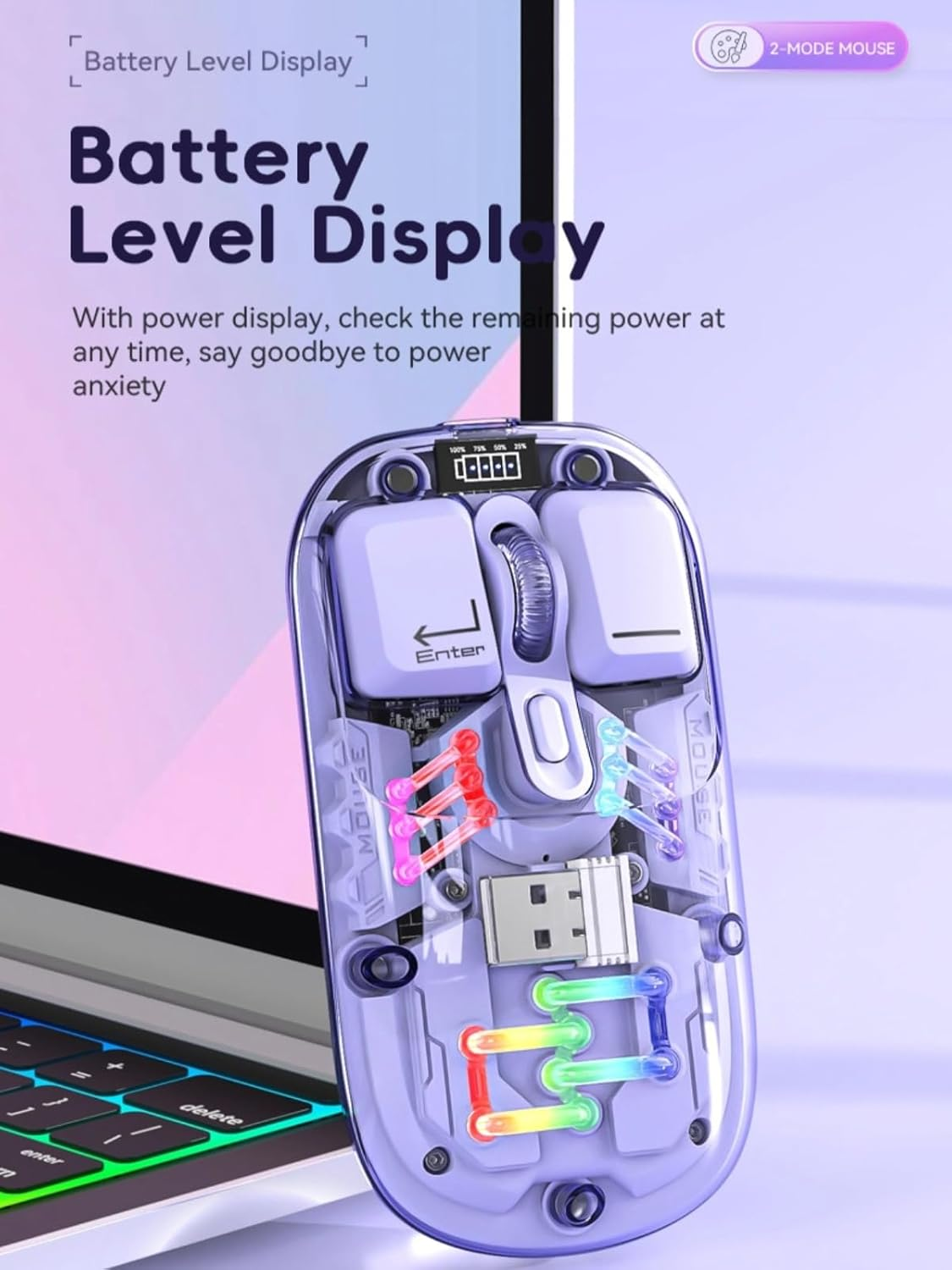 Cordless Gaming Mouse, 2.4G BT 5.0 2 Mode Optical Mouse, RGB Ultra Thin Rechargeable Computer Mice, Ergonomic Mouse for Laptop PC Tablet, Transparent (Purple) - Black image number 3