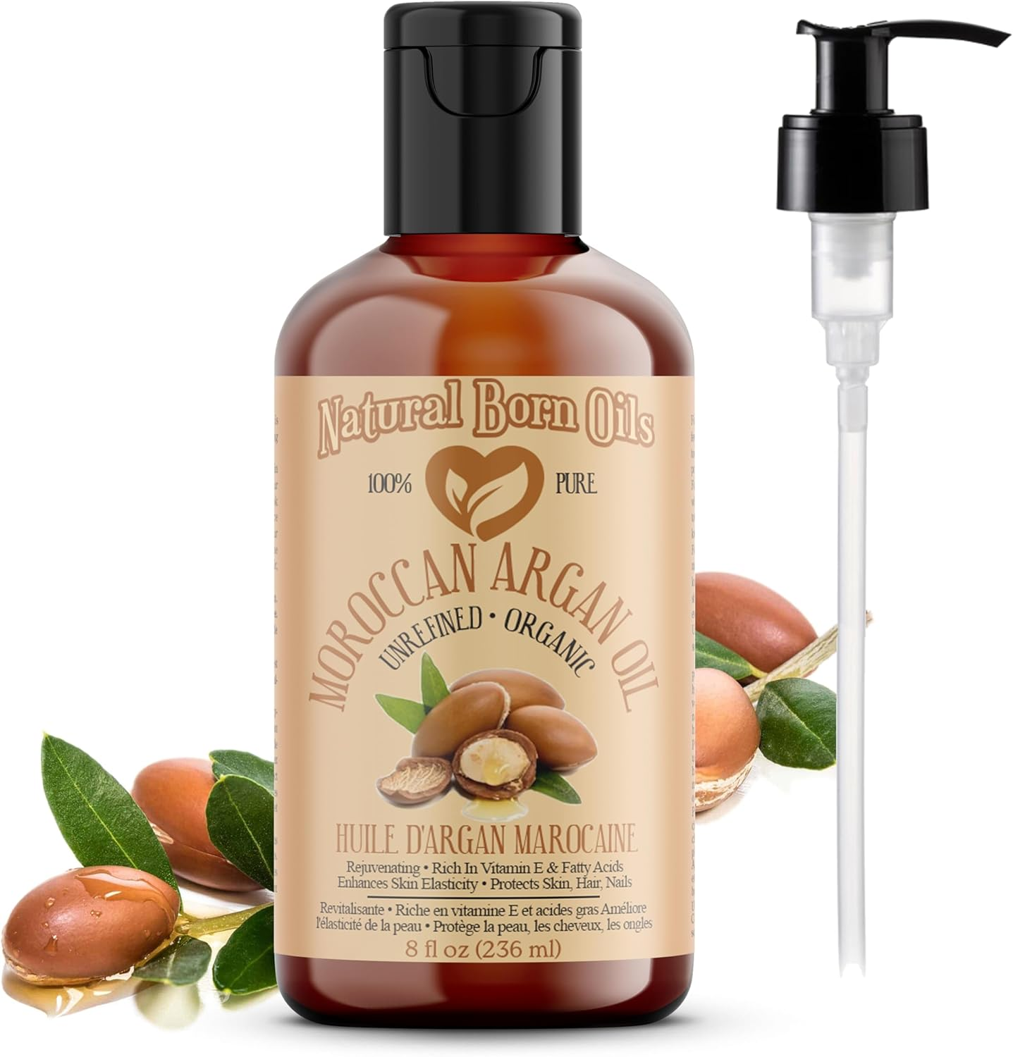 8Oz Moroccan Argan Oil, 100% Pure and Natural, Cold-Pressed, Organic - Works Magic on Your Skin and Hair - Includes Pump & Flip Cap image number 2
