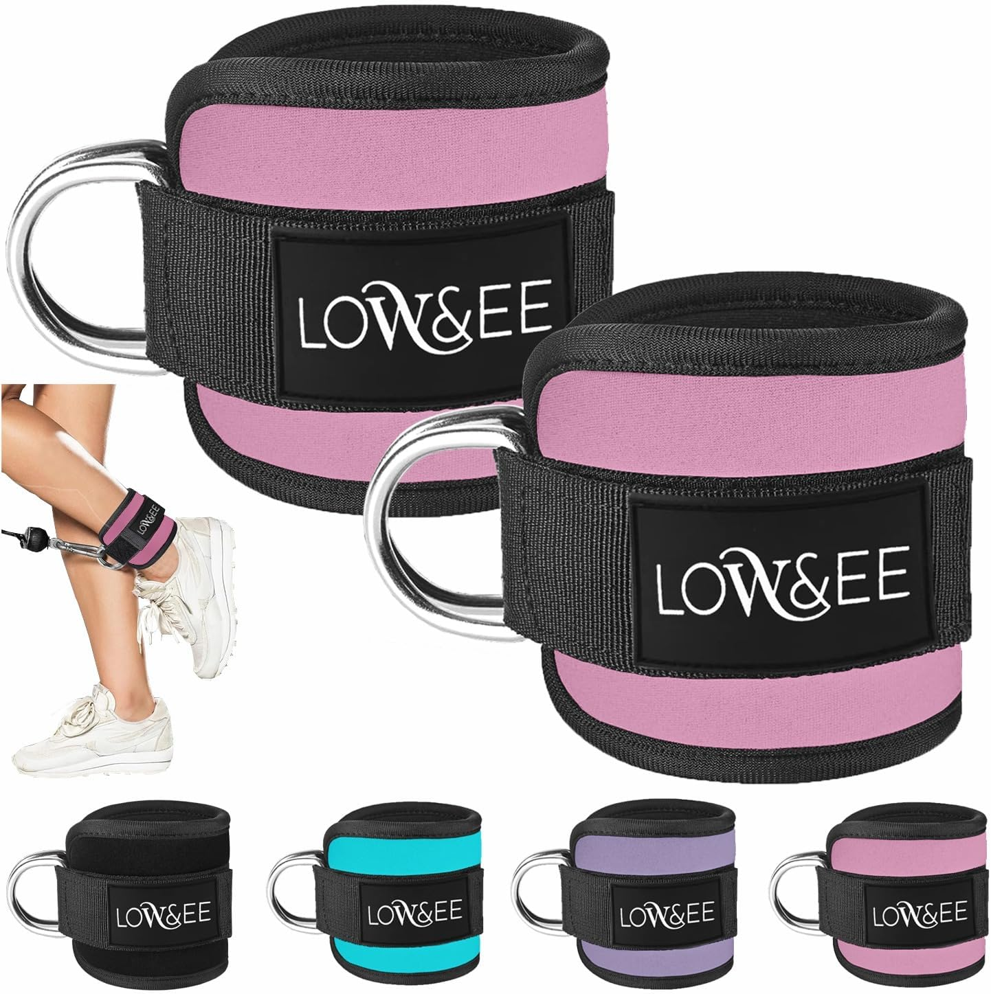 LOW&EE&reg; 2 Pack Ankle Pulleys Gym - Ankle Brace for Pulley Padded with Velcro for Women and Men - Gym Ankle Strap for Cable Machine Fitness and Gym - Gym