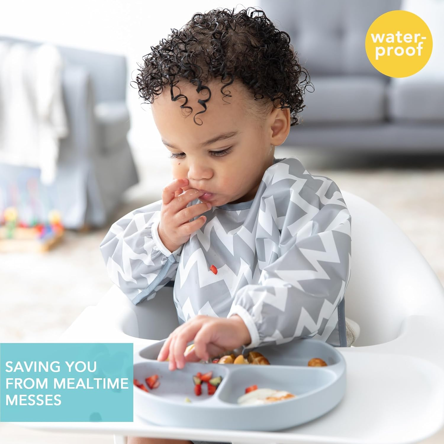 Bumkins Waterproof Sleeved Bib, Gray Chevron (6-24 Months)