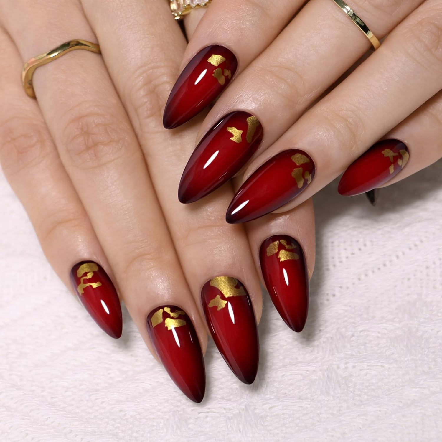 Noerrors 24Pcs Black Red Gold Foil Short Almond False Nails Stick on Gothic Color Gradient Vampire Golden Sequins Acrylic False Nails with Glue image number 1