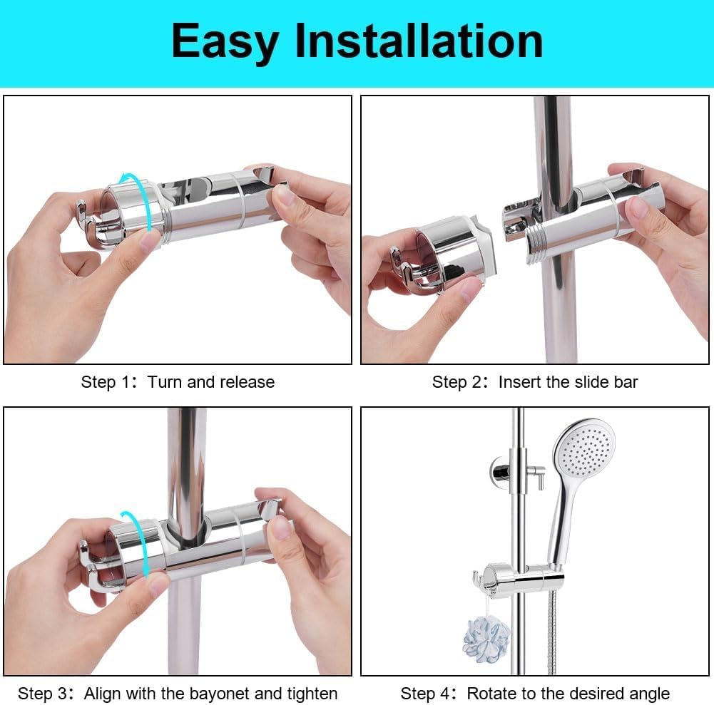Shower Head Holder, 16-27Mm Slider Bar Adjustable Shower Head Holder for Slide Bar Slider Clamp Bathroom Replacement, 360 Degree Rotating Sprayer Holder with 2 Hookssilver