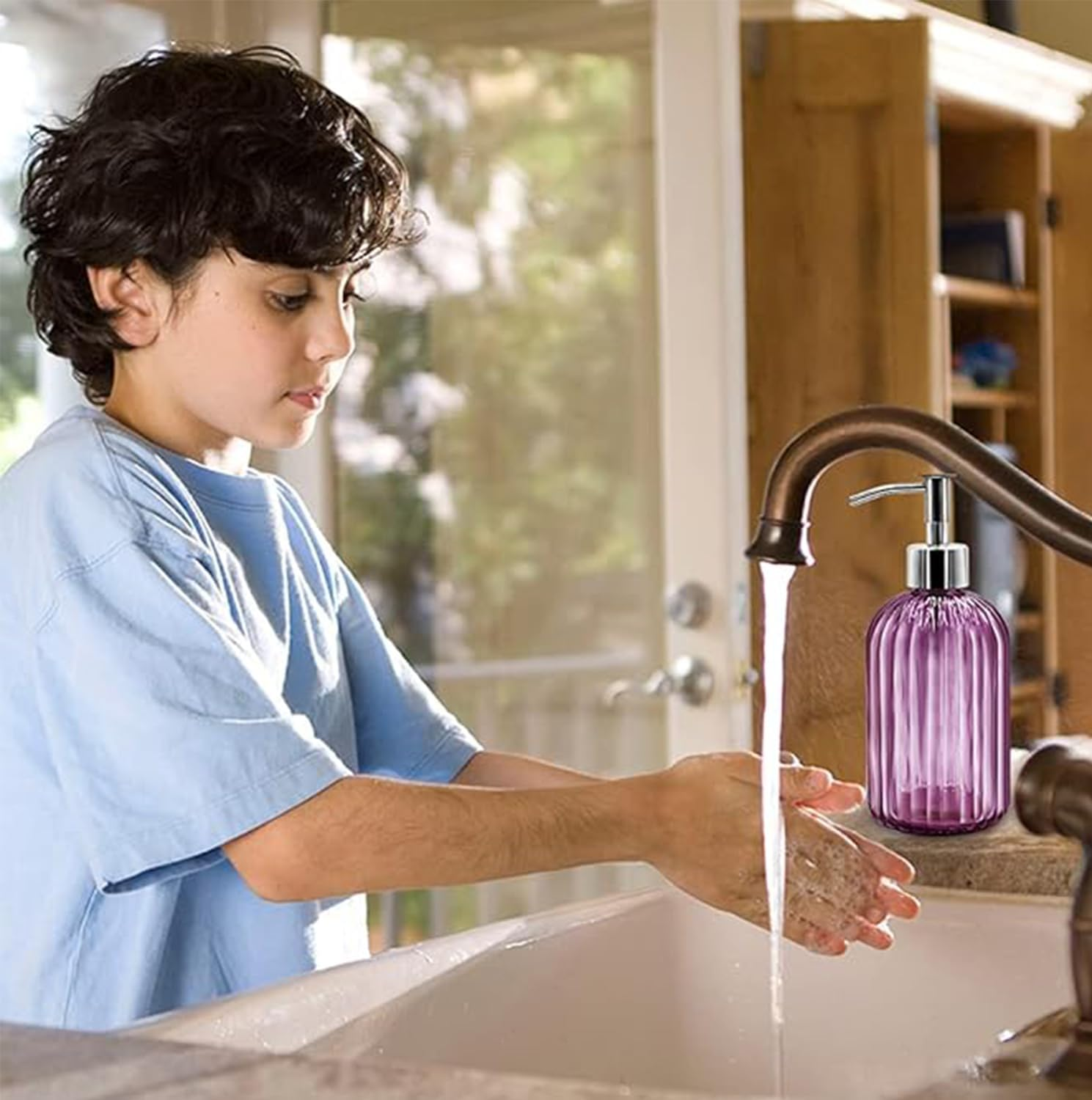 Clear Glass Soap Dispenser (2 Pack 400ML) Refillable Hand Soap Dispenser Vertical - Stripe Bathroom & Kitchen Dispensing Containers (Purple) image number 3