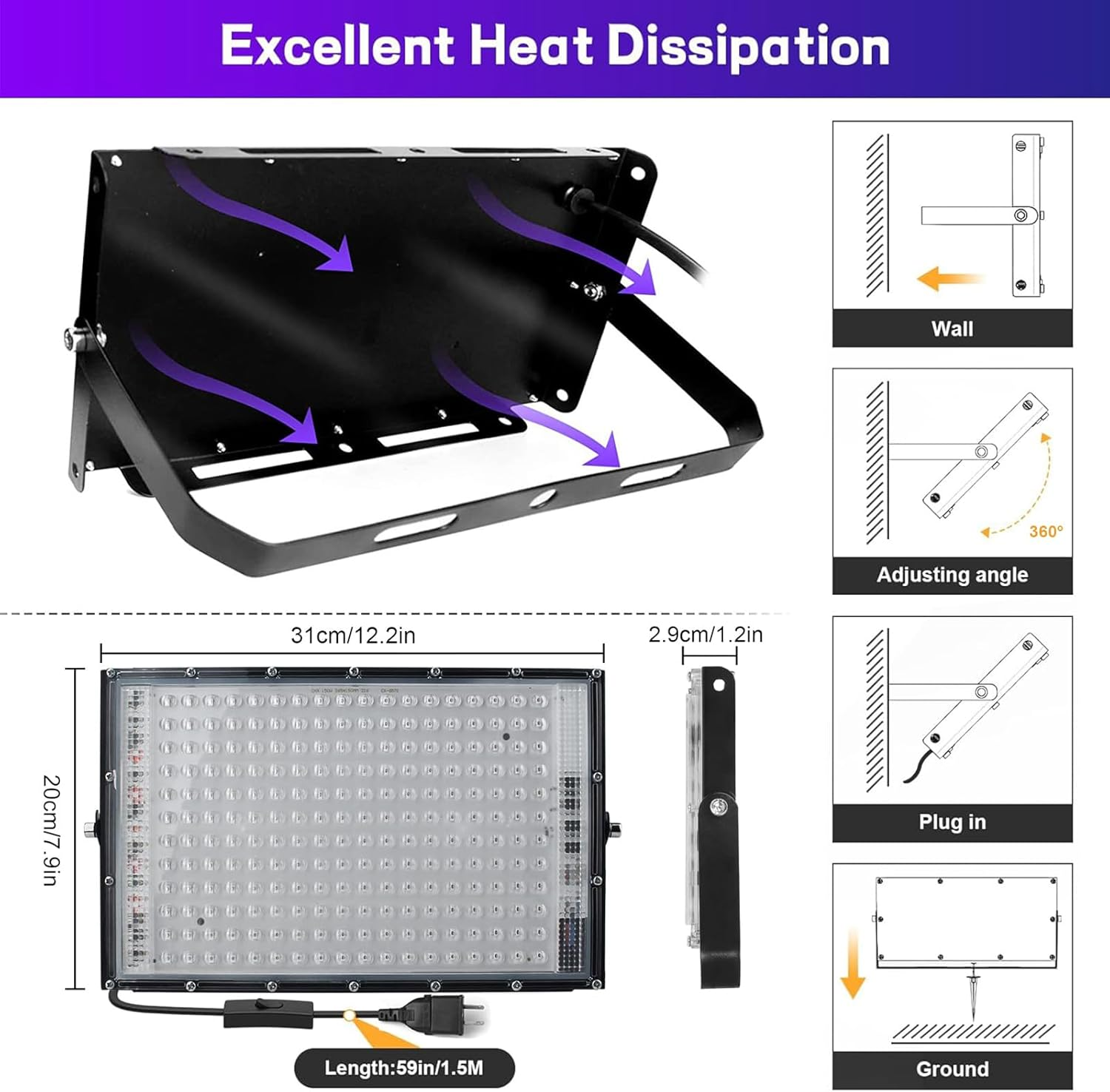 UV LED Black Lights Flood Bulbs 200W 395Nm Ultraviolet Lamp IP65 Waterproof Plum Blossom Blacklight Purple Glow in the Dark Paint Party Decorations Lightbulbs Fixtures for Poster Room Stage Halloween image number 1