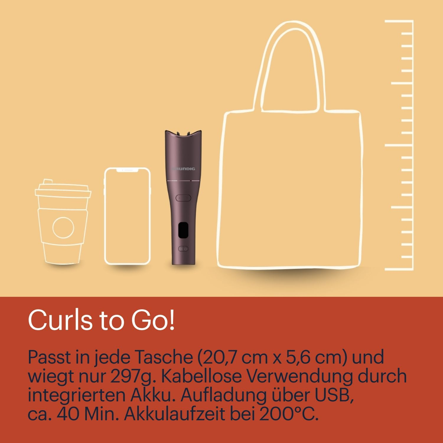 Grundig Easycurl HS 6230 Automatic Curling Iron, Large and Small Curls, Long and Short Hair, Cordless Battery-Operated, 3 Temperature Levels, Ceramic Coating, Timer, LCD, Purple