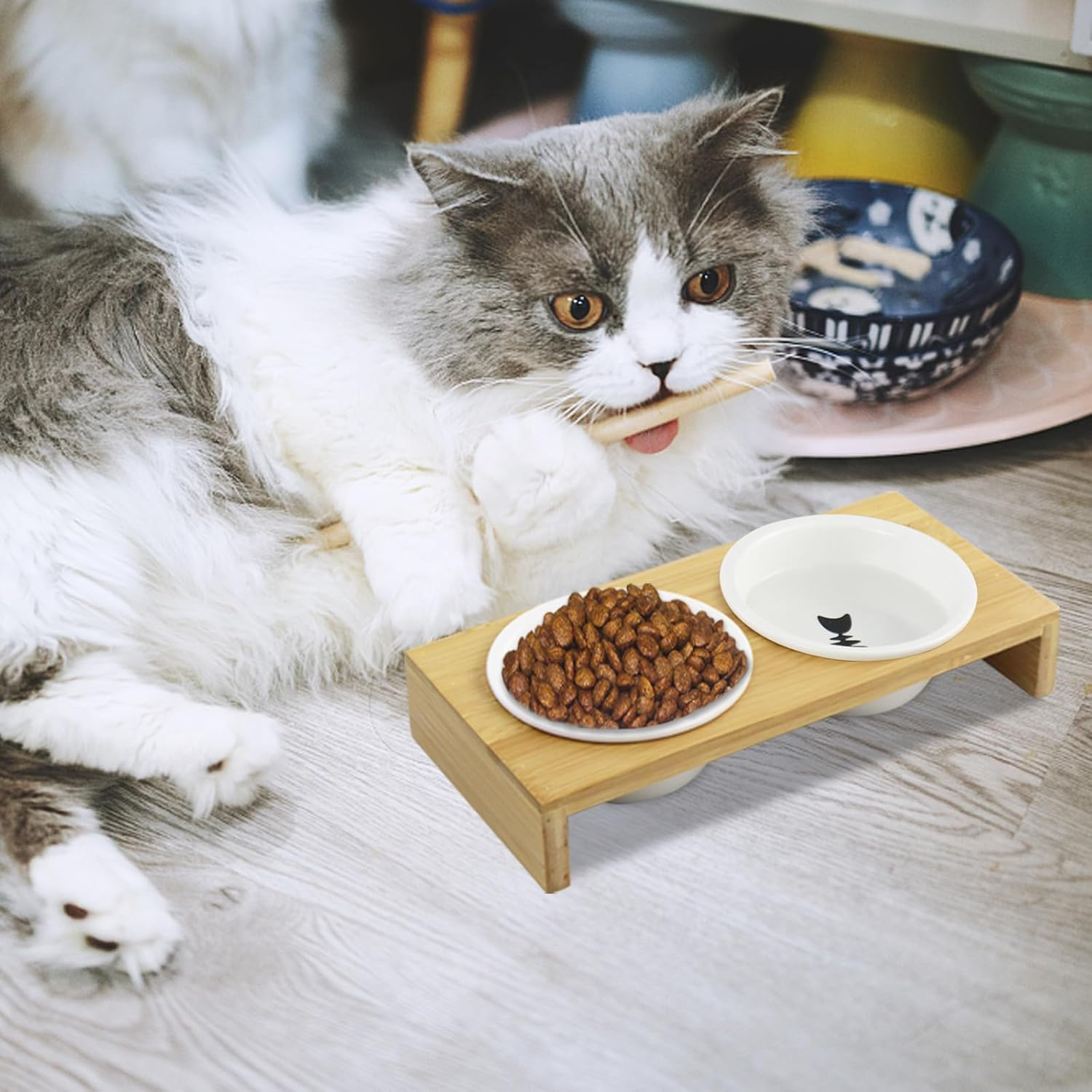 Raised Slow Feeder Dog Bowls, Dog Elevated Food Bowl with 2 Ceramic Bowls, 1.6" Height Cat Water and Food Bowl, Elevated Water Bowl for Dogs Cats (Bamboo) image number 3