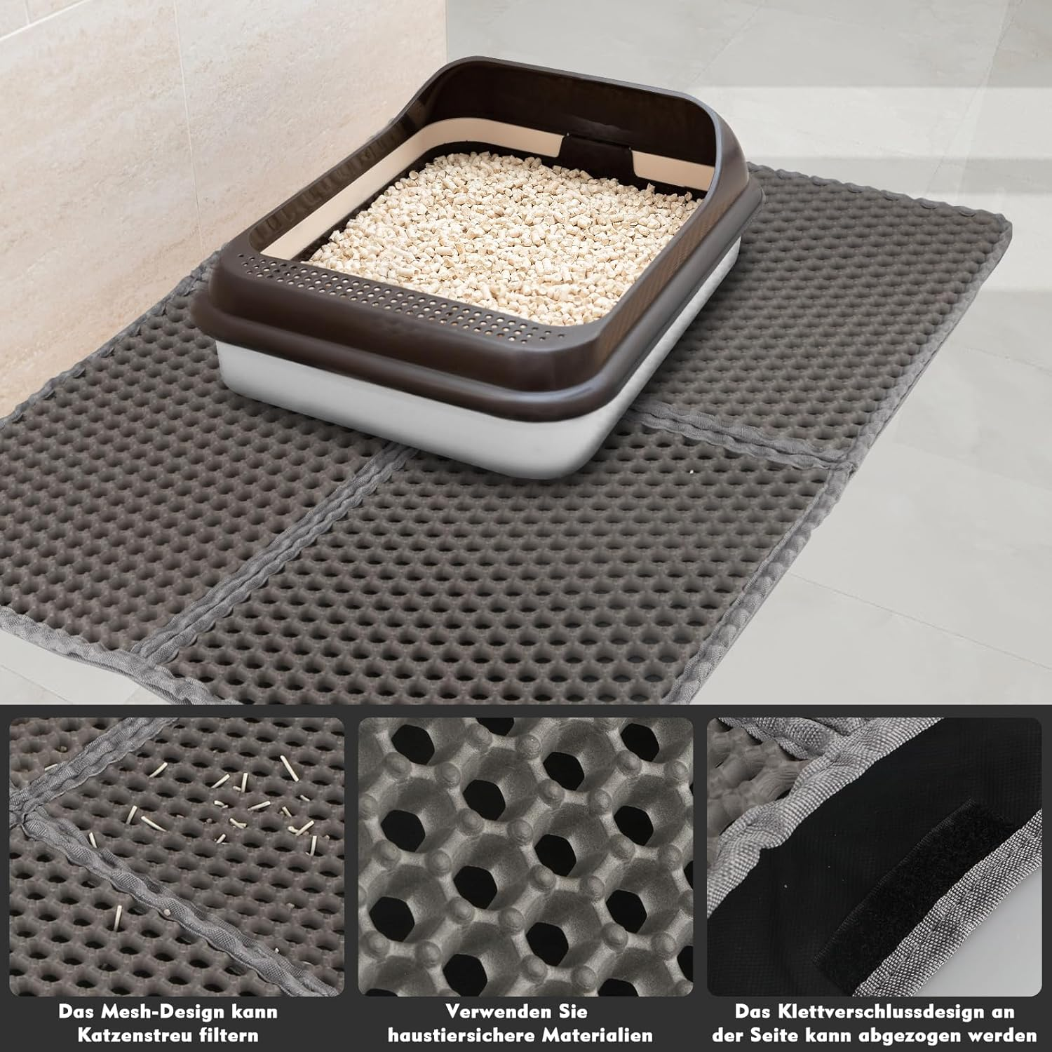 MOCOBO Cat Litter Tray Mat, 75 X 55 Cm, Easy to Clean & Waterproof Cat Litter Mat for Cat Litter, Non-Slip Cat Mat for Indoor Cats image number 3