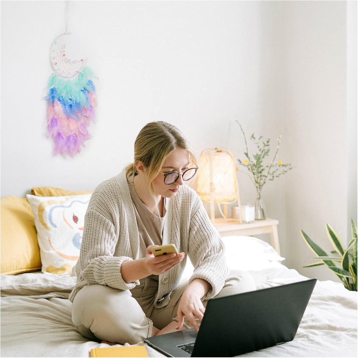 Funincrea Dream Catcher Half Moon Dream Catcher with Feathers Handmade Indian Style Wall Hanging for Living Room Bedroom Dorm (Green) - Blue image number 3