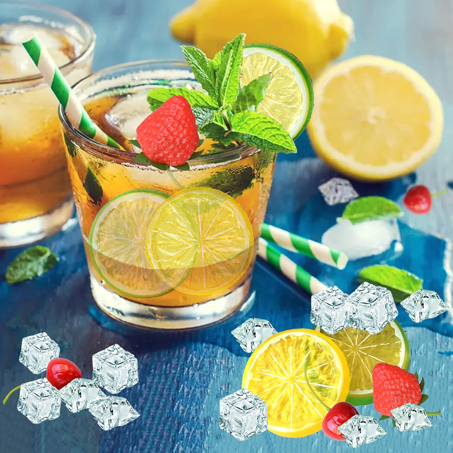 Chewarelly 70 Pcs Fake Fruits Ice Cube Set, Include 10 Artificial Lemon Slice 10 Simulation Cherries 5 Fake Strawberry 45 Fake Crushed Ice and Ice Cubes for Home Kitchen Decoration - Color Ice With Lemon Strawberry Cherry image number 2