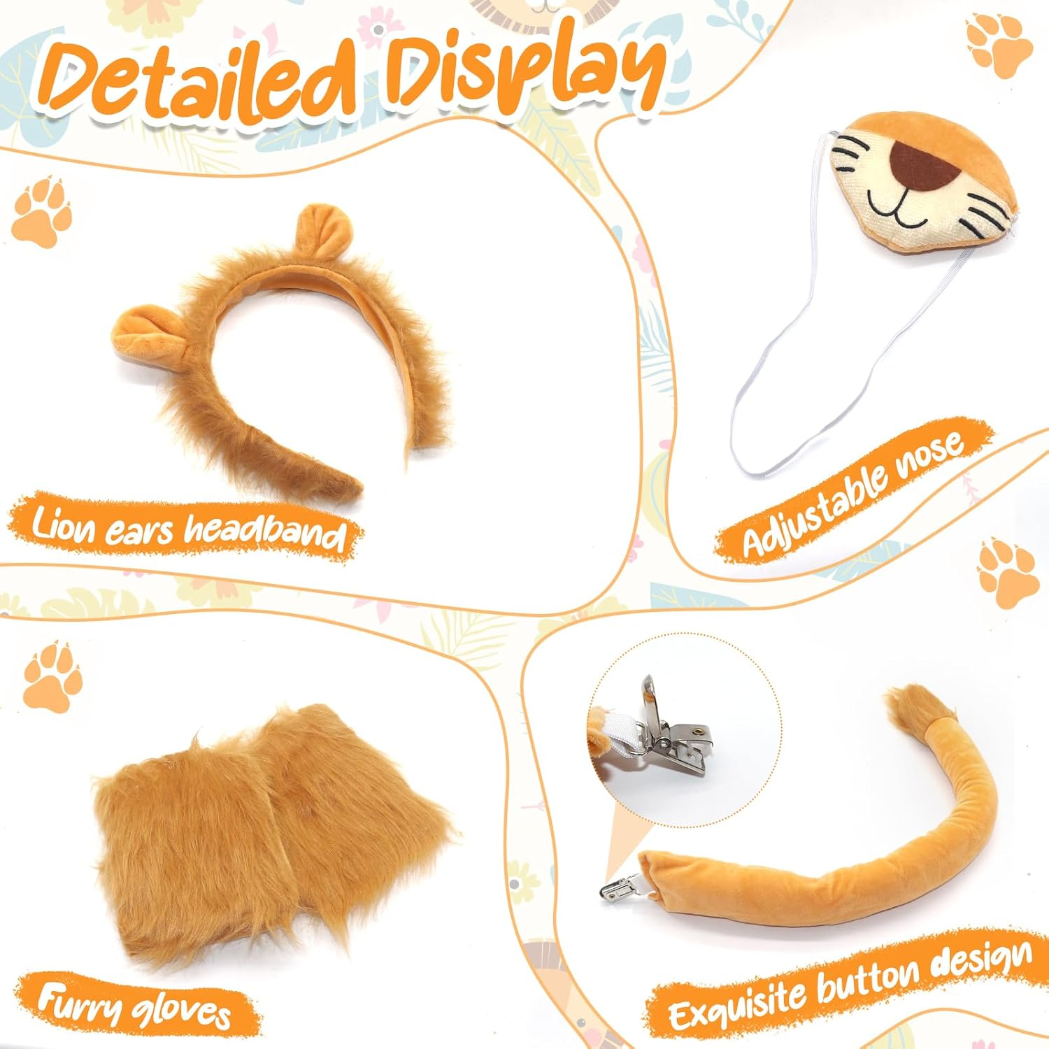 5Pcs Lion Fancy Accessories, Costume for Adults Kids - Headband Mane, Gloves, Tail, Nose - Animal Cosplay Costume Accessories for Halloween Fancy Dress image number 3