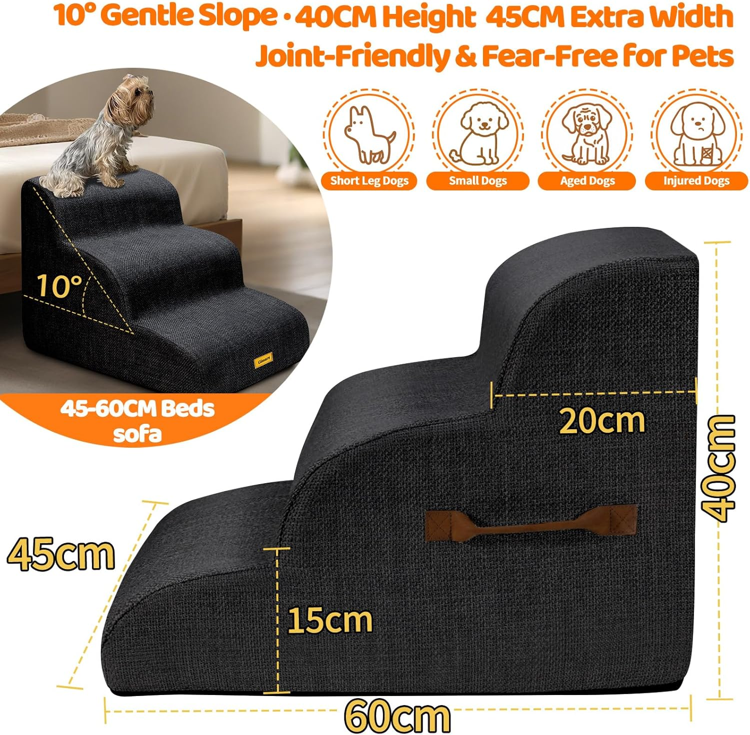 Gimars Extra Wide Sturdy 30D High Density Foam 3-Step Dog Stairs for Sofa, Pet Stair for Small Medium Dog Black image number 6