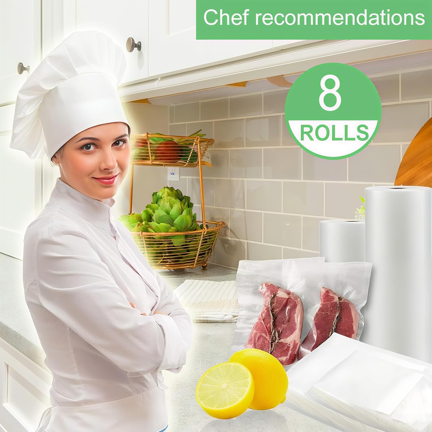 28Cmx6M 8 Pack Vacuum Food Sealer Roll Bags with BPA Free,Heavy Duty Vacuum Sealer Storage Bags Rolls,Cut to Size Roll,Great for Sous Vide Cooking, Leakproof Great for Long-Term Storage image number 2