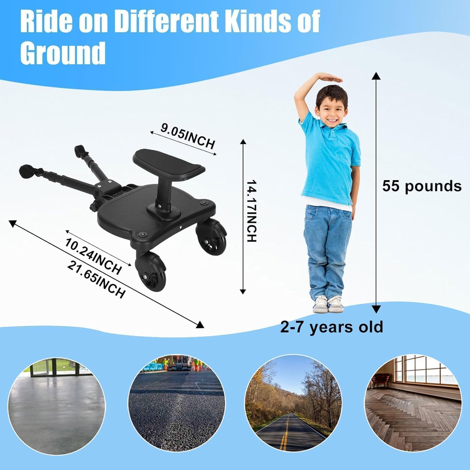 Universal Stroller Board Pedal, Kiddy Boards, 2 In1 Stroller Board with Seat, Stable Two Wheel Design, Adjustable Buggy Board, Holds Children up to 55 Lbs Stroller Standing Board image number 1