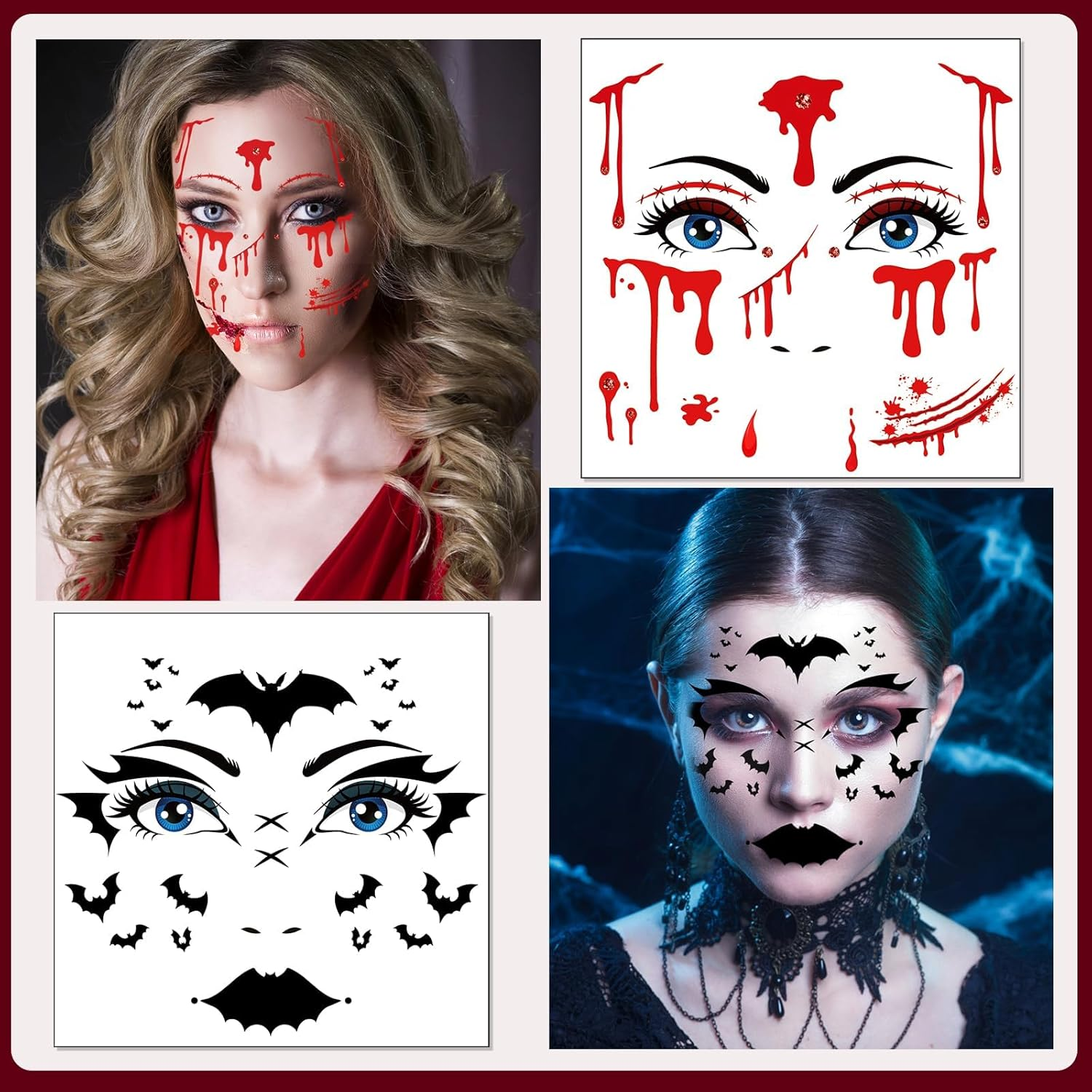 10 Halloween Face Tattoos & Stickers - Day of the Dead, Spider Bat Devil Clown Scar Tattoos for Halloween Makeup & Costumes image number 1