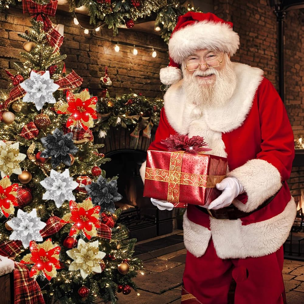 Christmas Tree Decorations,10Pcs 14Cm / 5.5In Gold Poinsettia Artificial Christmas Flowers with Clips and Stems Glitter Christmas Tree Ornaments for Xmas Wedding Party Wreath Decorate image number 2