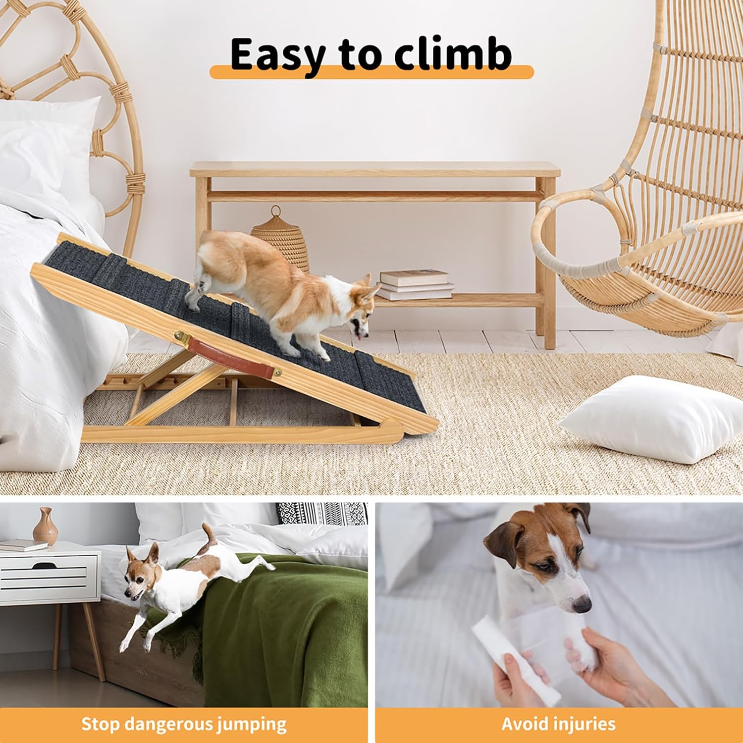 Pawz 100Cm Pet Ramp for Bed,5 Adjustable Height Dog Stair for Couch,Dog Ramp for High Bed Small Large Dog, Natural Wooden Folding Portable Cat Ramp Sofa，Non Slip Carpet Surface,Pu Handle,90Kg Capacity image number 5