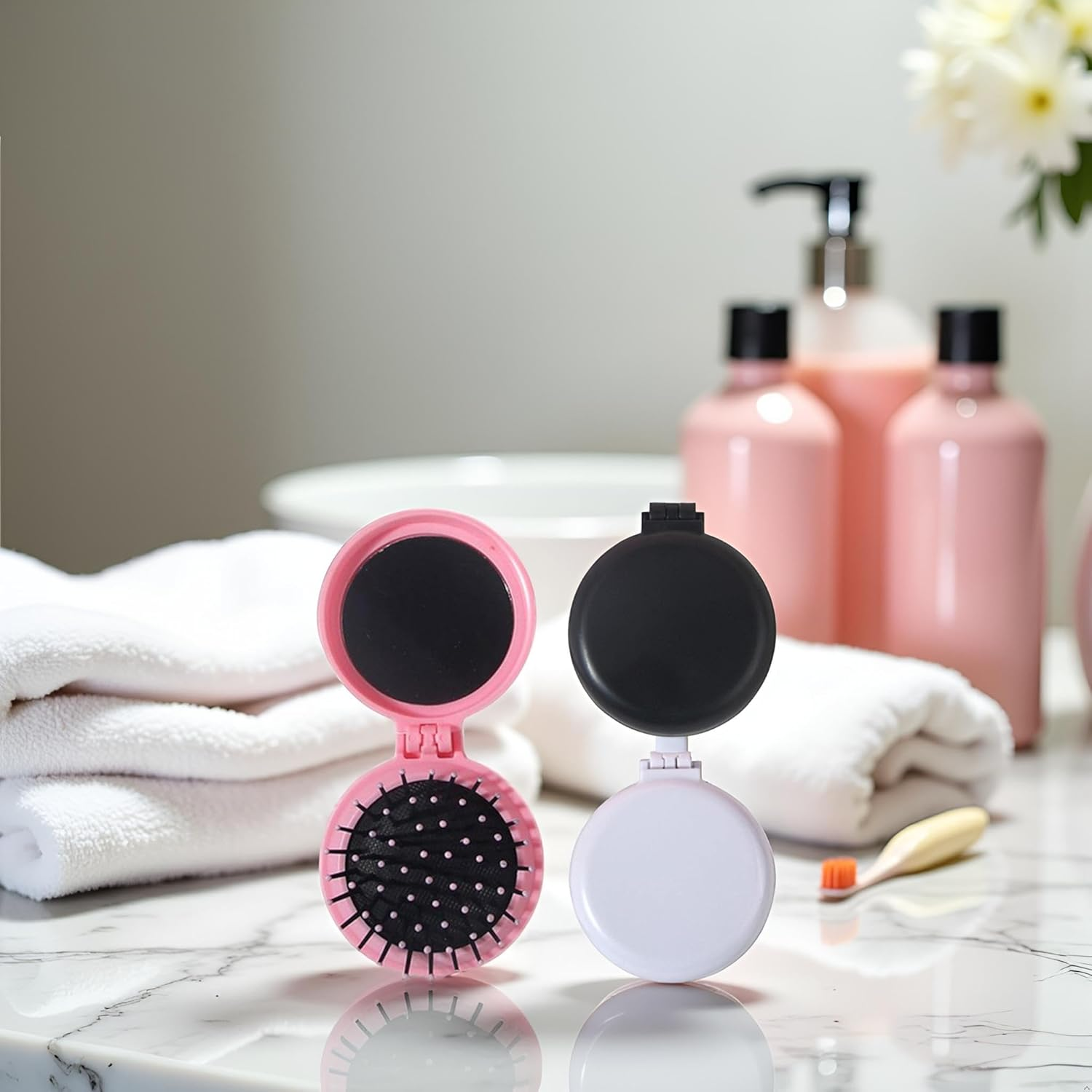 2Pcs Black and Pink Folding Travel Hair Brush with Mirror, round Portable Folding Pocket Hair Brush Mini Hair Massage Compact Mirror with Comb Travel Size for Men Women Styling Tools and Appliances image number 4