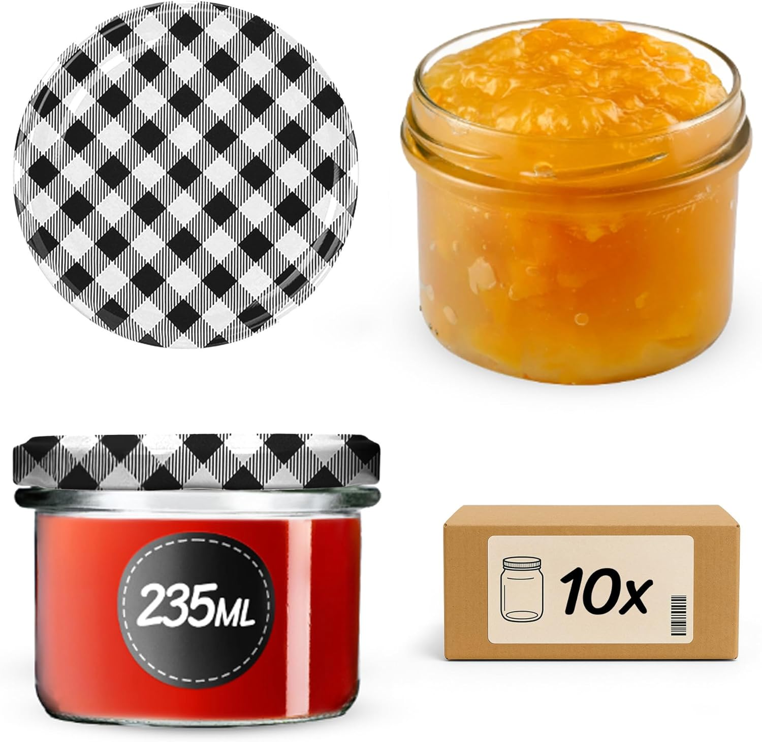 KADAX Glass Jars 235 Ml, Small Preserving Jars with Metal Lids for Homemade Jam, Marmalade and Honey, Jars for Storing Spices and Herbs (Fruits, Set of 10)