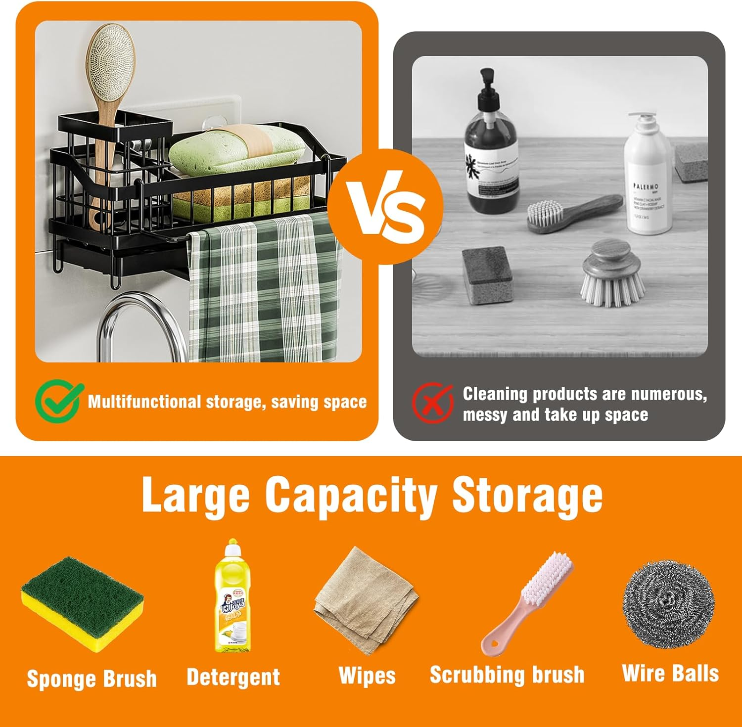 Kitchen Sink Caddy Organiser,Sinkware Organizer with Removable Auto-Draining Tray & Brush Holder, Washing up Rack for Dishcloth Towel Soap,Sponge Holder for Countertop Bathroom Storage & Organisation image number 1