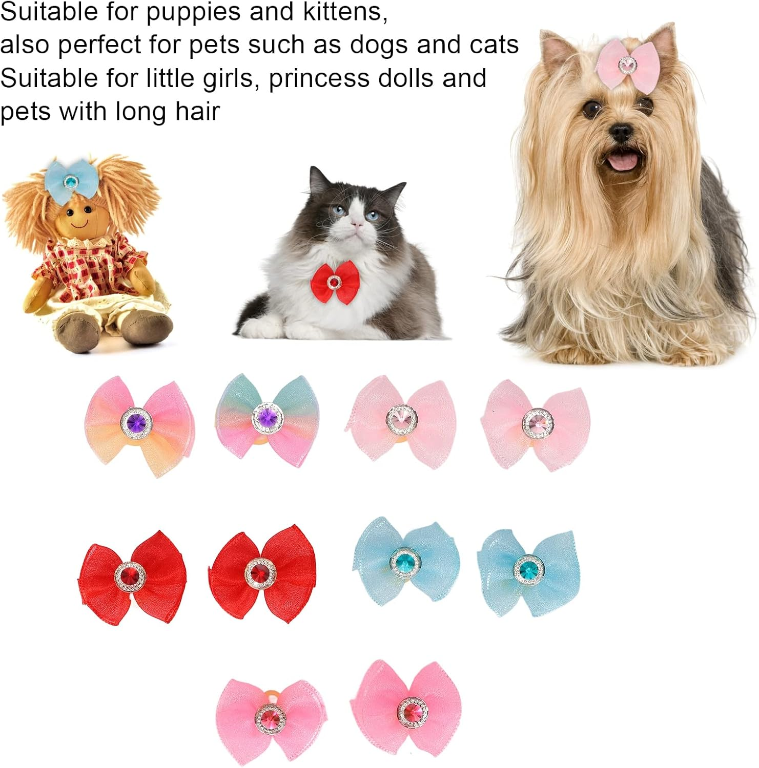 20Pcs Dog Bows, 10 Pairs Yorkie Dog Puppy Hair Bows with Rubber Bands, Elastic Multicolor Rhinestone Beads Cute Pet Small Dog Hair Bowknot Grooming Accessories for Dogs image number 3