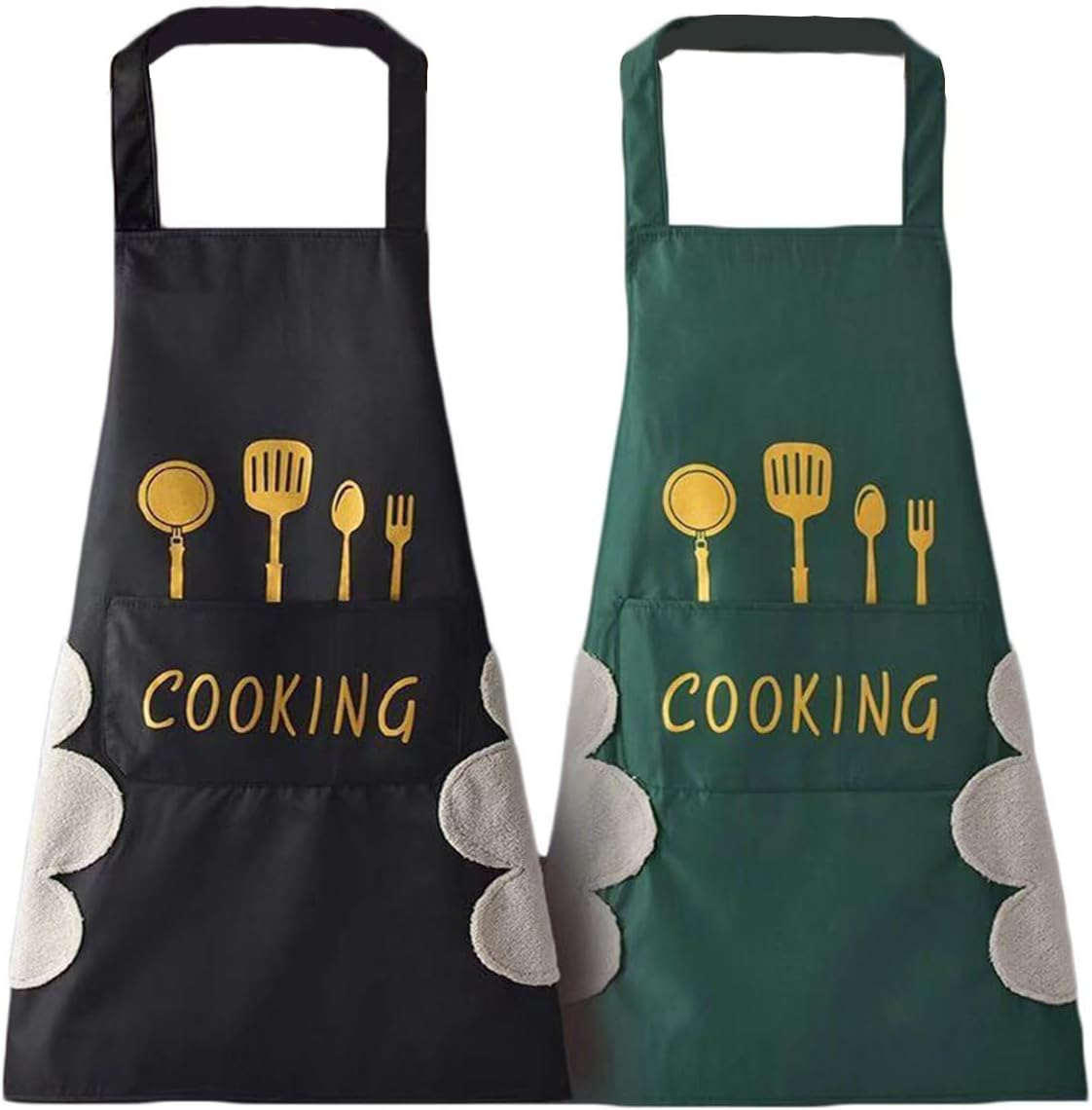 2 Pack Kitchen Cooking Aprons, Waterproof and Oil-Proof Wipe-Able Hand Apron, Chef Apron with Pockets for Women Men Black image number 4