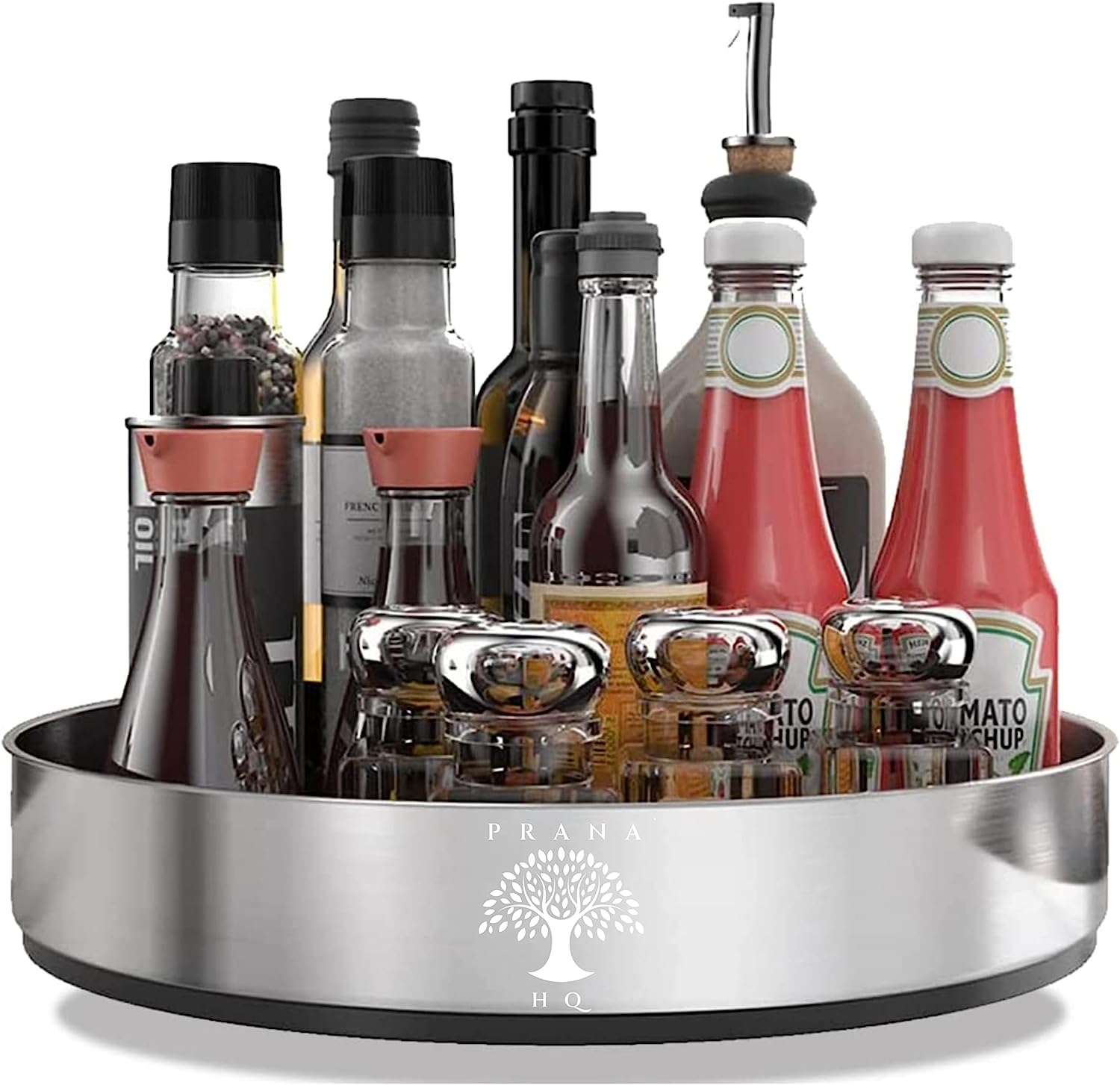 Prana HQ Lazy Susan Turntable Organiser -10" Stainless Steel Rotating Tray-Storage & Organisation of Spice Jars,Sauce & Oil Bottles,Condiments in Pantry,Kitchen Benchtop, Fridge,Table.Smooth Spin.
