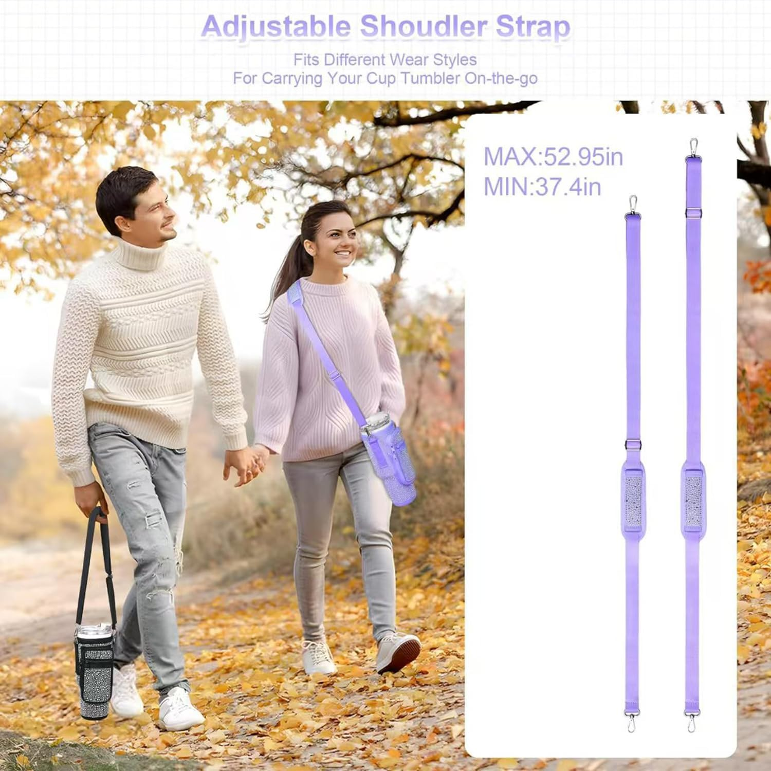 Bling Water Bottle Carrier Bag with Phone Pocket for Stanley Cup 40 Oz, Neoprene Water Bottle Holder Pouch with Adjustable Strap for Stanley Cup Accessories (Black) - Blue image number 5