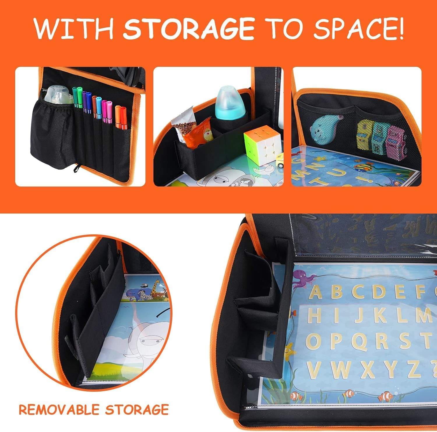 Heyinova Travel Tray,For Kids Car Seat,Car Seat Organizer Toddler with Dry Erase Board Car Lap Desk Table with Ipad Holder, Storage Pocket, Kids Active Eating Tray for Road Trip, Airplane, Stroller image number 5