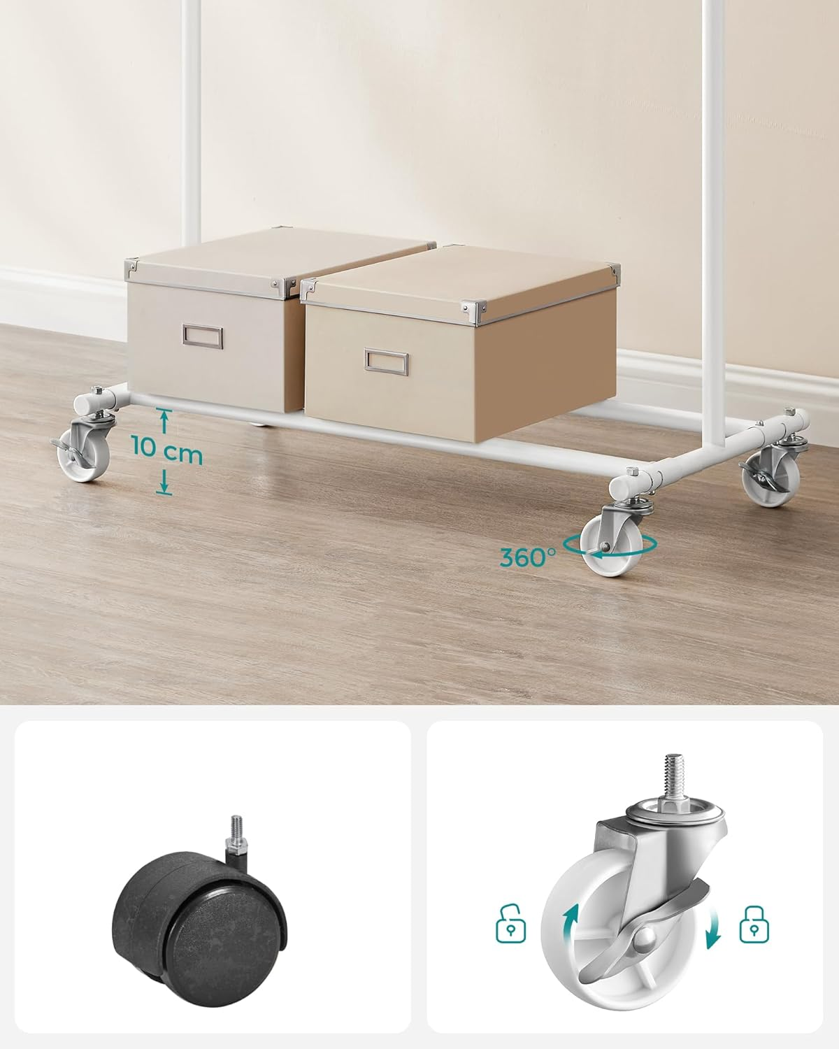 SONGMICS Clothes Rack on Wheels, Heavy Duty Clothes Rail, 45 X (92-132) X 161.5 Cm, with Extendable Hanging Rail, 100 Kg Load Capacity, Easy Assembly, Portable, White HSR013W01 image number 3