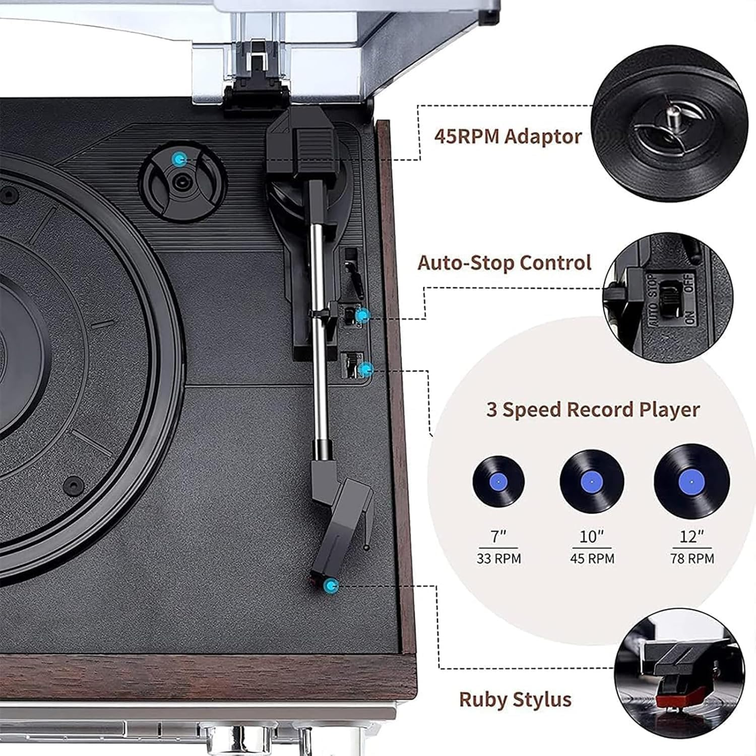 Vinyl Record Player, Cassette Tape Player with 3 Speed Bluetooth Vintage Turntable, Less Noise, Frosted Dust Cover, Built in Speakers, FM Radio, USB, CD Player Boombox, Music Centre image number 1