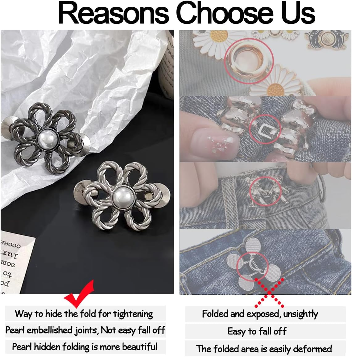 8 Sets Flower Jeans Button Pant Waist Tightener, Adjustable Waist Buckle Sets No Sew and No Tools Detachable Decorative Buckles, Jean Buttons Pins for Loose, Pants, Skirts, Sleeves image number 3