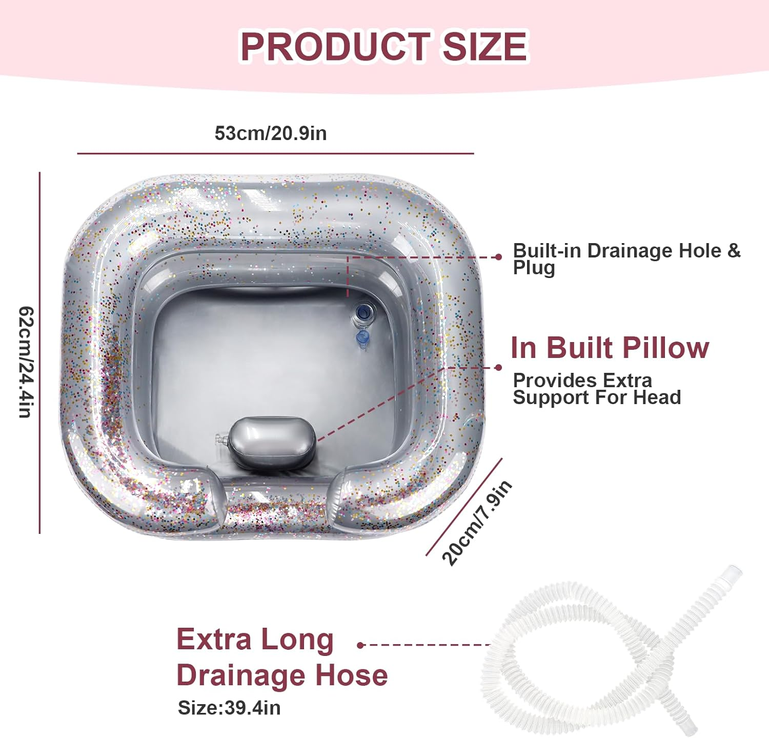 Inflatable Hair Washing Basin, Portable Shampoo Bowl with Pillow and Drain Hose, Hair Washing Basin for Bedridden, Disabled, Injured, Perfect for Dreadlocks, Curly Hair, Thick Hair (Grey)