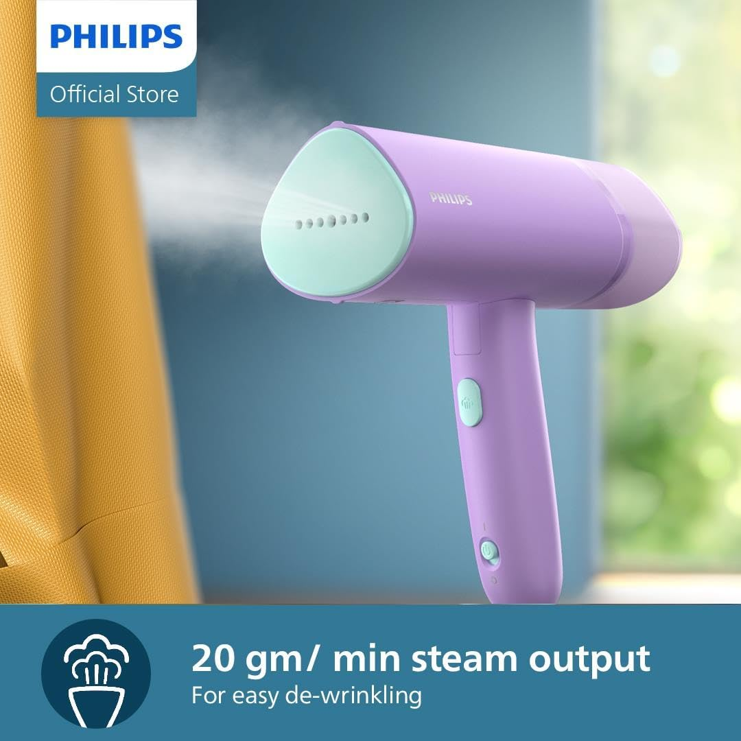 Philips 3000 Series Handheld Steamer - 1000W, 20G/Min Steam, Detachable 100Ml Water Tank, Plastic Plate, Storage Pouch, 630 G Light Weight, Compact and Foldable, Purple (STH3010/30) - Light Green image number 7