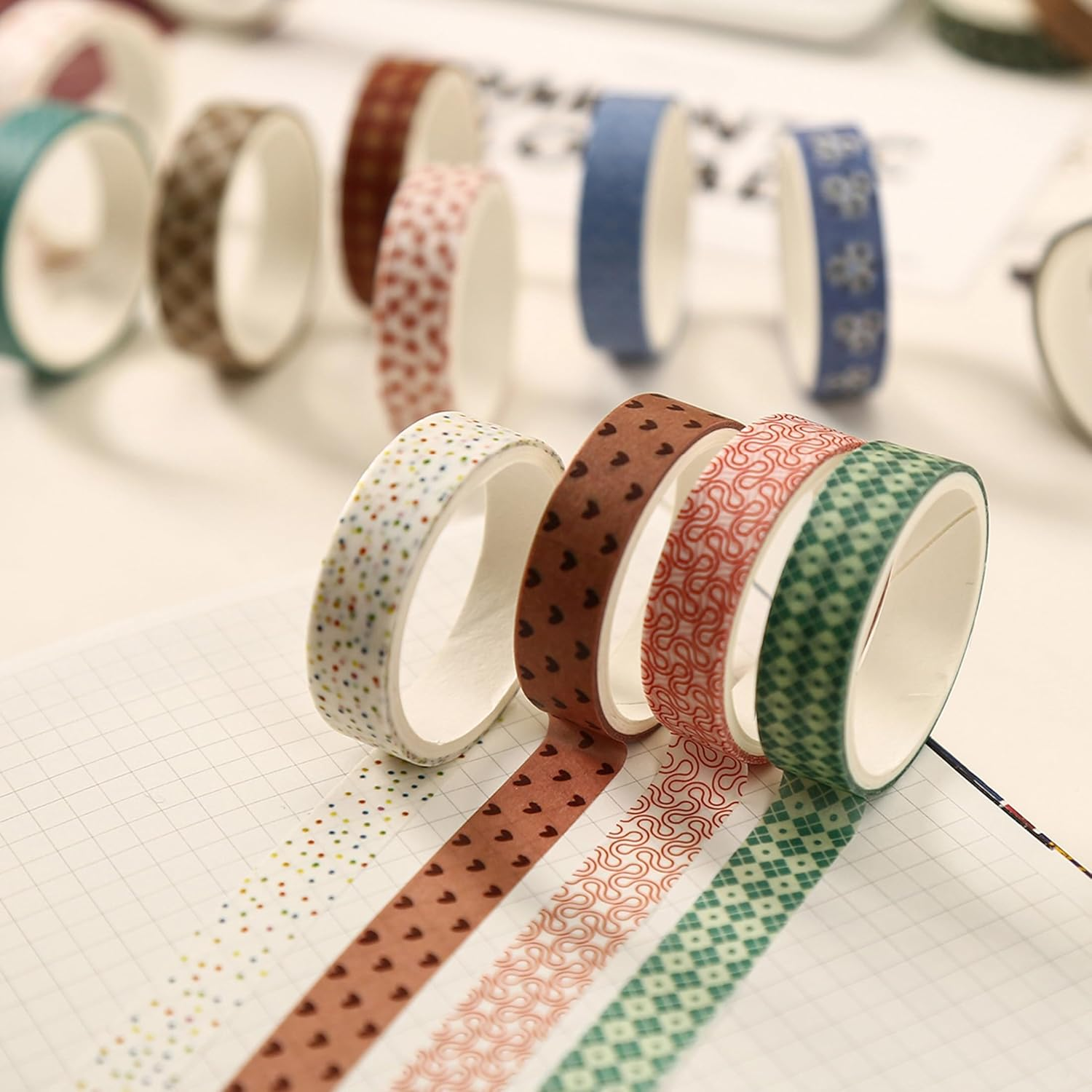 KAVI' S 20 Rolls Basic Patterns Washi Tape Set Skinny Masking Creative Decorative Tapes, Designer'S Selection (Collection 3-Elegance) - Collection 3-Elegance image number 2