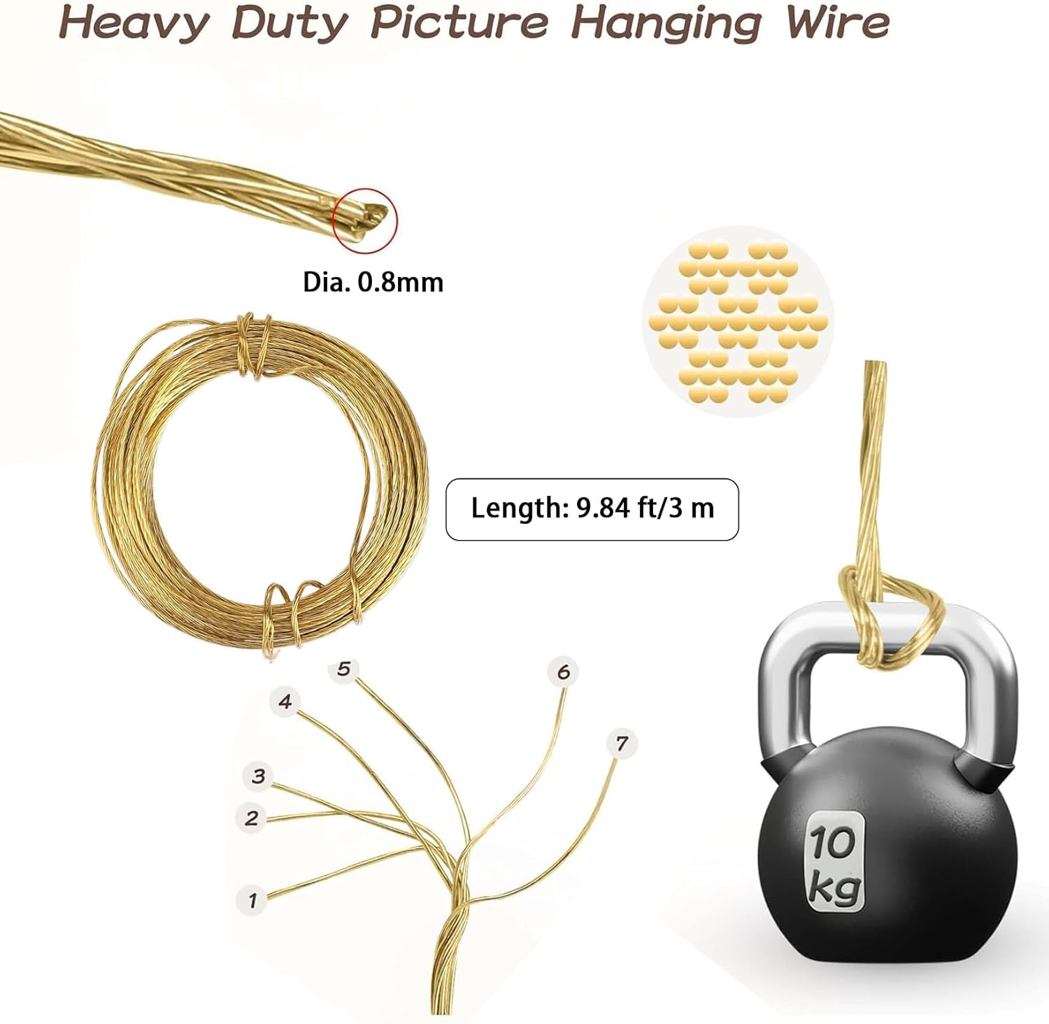 Sndperiexam Gold Brass Picture Hanging Wire 20 Feet Multi-Stranded Metal Wire for Artwork, Mirrors, Clocks, Hardware image number 2