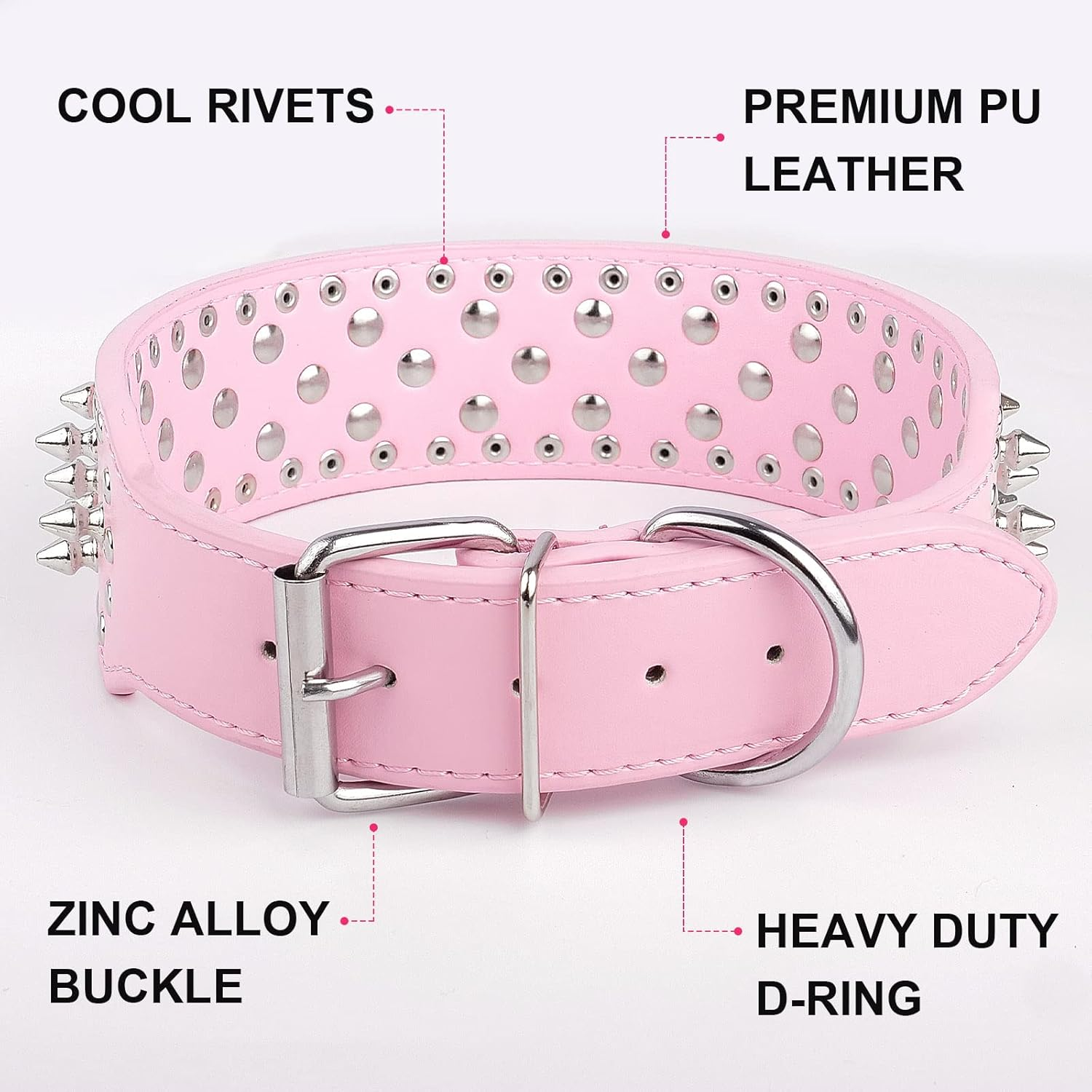 Epesiri Adjustable Wide Spiked Dog Collar, Mushroom Rivet PU Leather Cat Dog Collars, Durable Spike Studded Pet Collar for Small Medium Large Breed, Pitbull Mastiff Bulldog Pugs Husky Rottweiler, Pink image number 2
