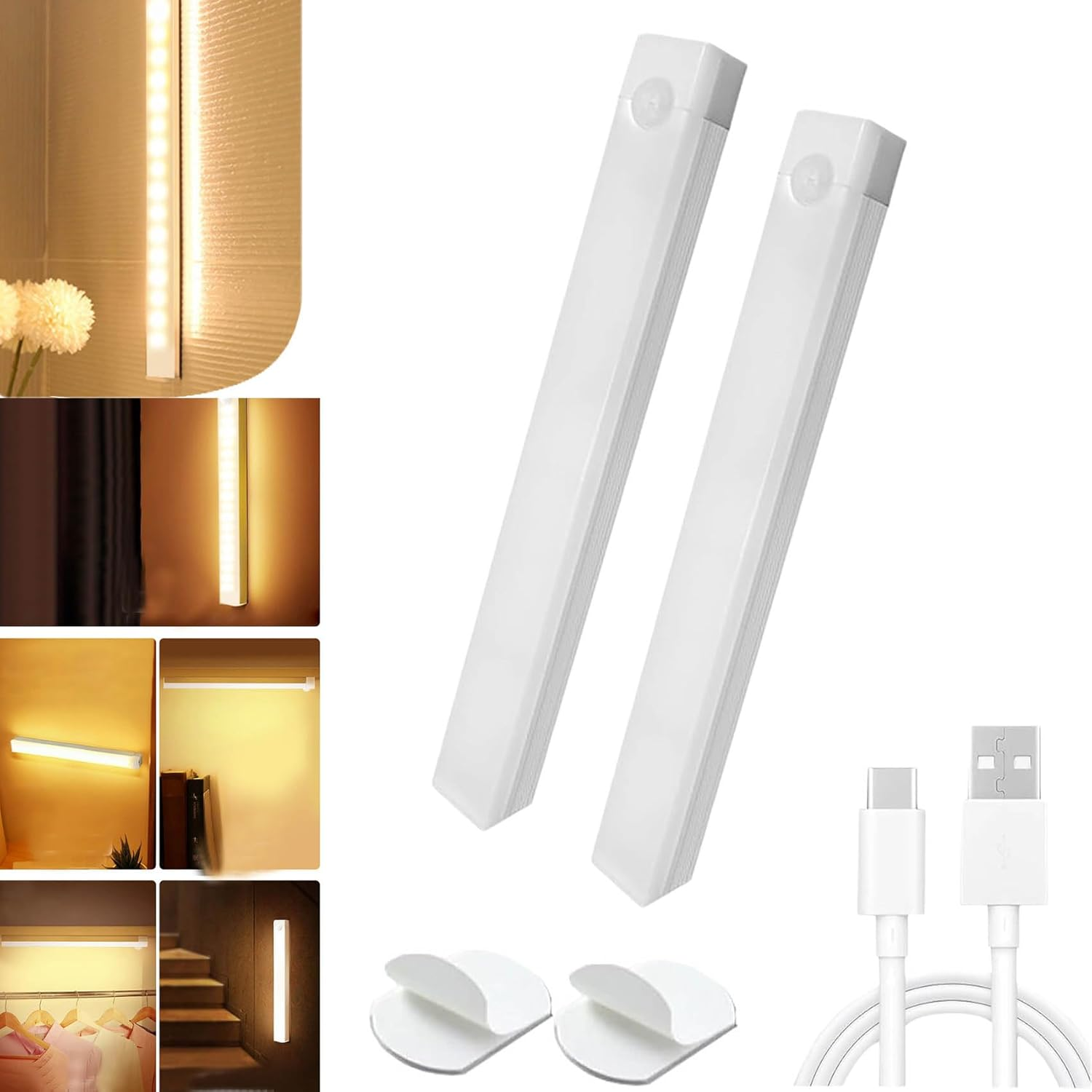 Punch-Free Smart Sensor Magnetic Rechargeable Led Lights, Magnetic Led Motion Sensor Light Indoor, Rechargeable Motion Activated under Cabinet Lighting, for Stairs, Wardrobe (5Pcs-Warm,7.9In)