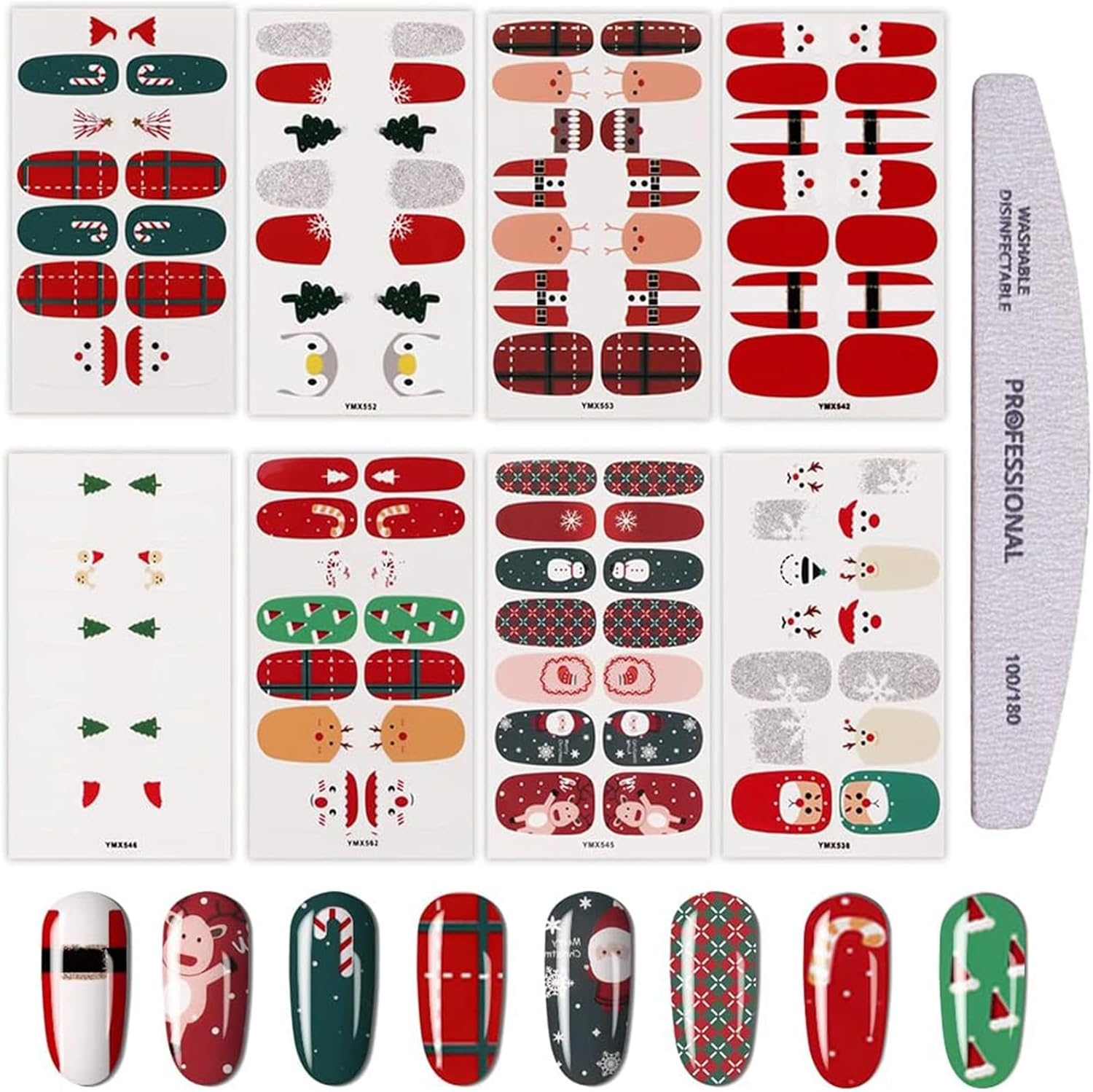 EBANKU Christmas Adhesive Nail Polish Stickers 8 Sheets Full Wraps Nail Art Adhesive Decals Christmas Manicure Decal Kit for Woman Girls(With 1Pcs Nail File)