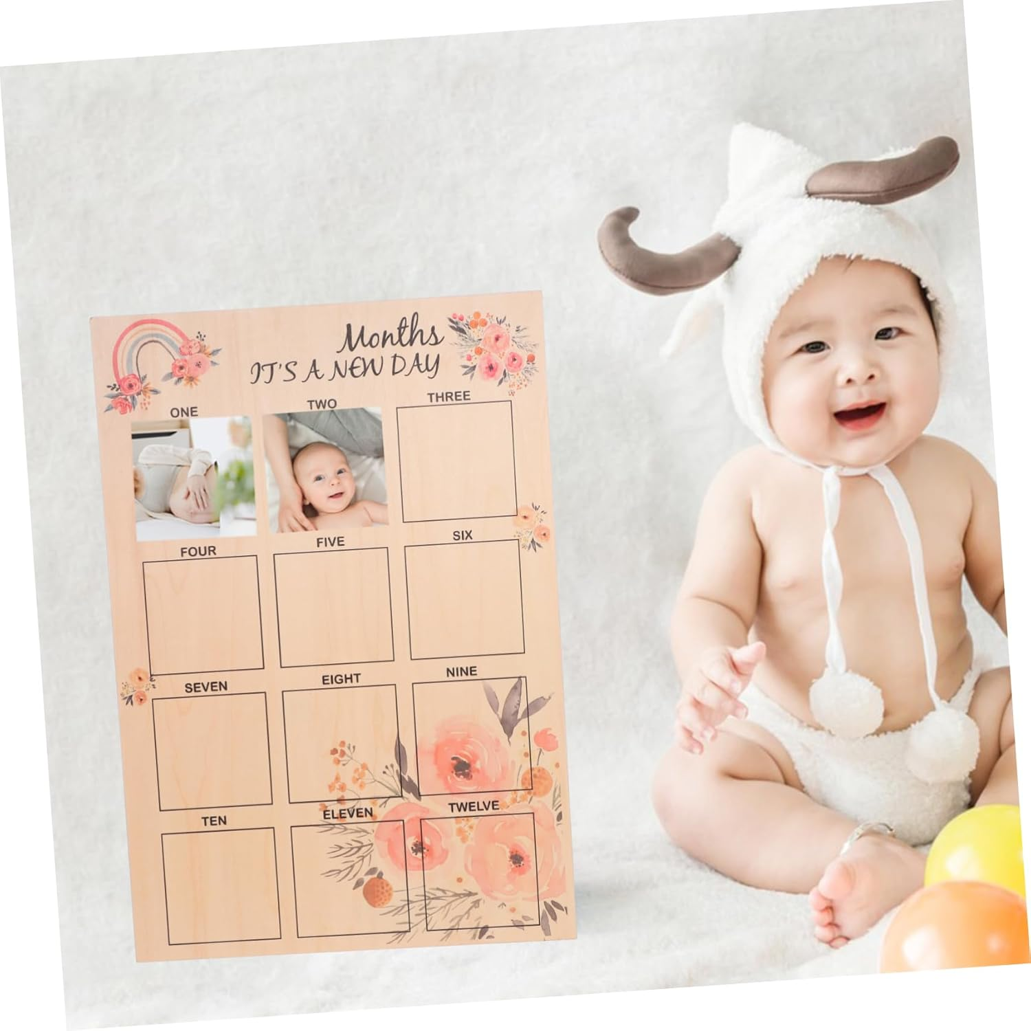 Newborn Milestone Photo Frame Months Growth Record Board Wooden Desktop Display for Keepsake Memories for Shower and Parents image number 5