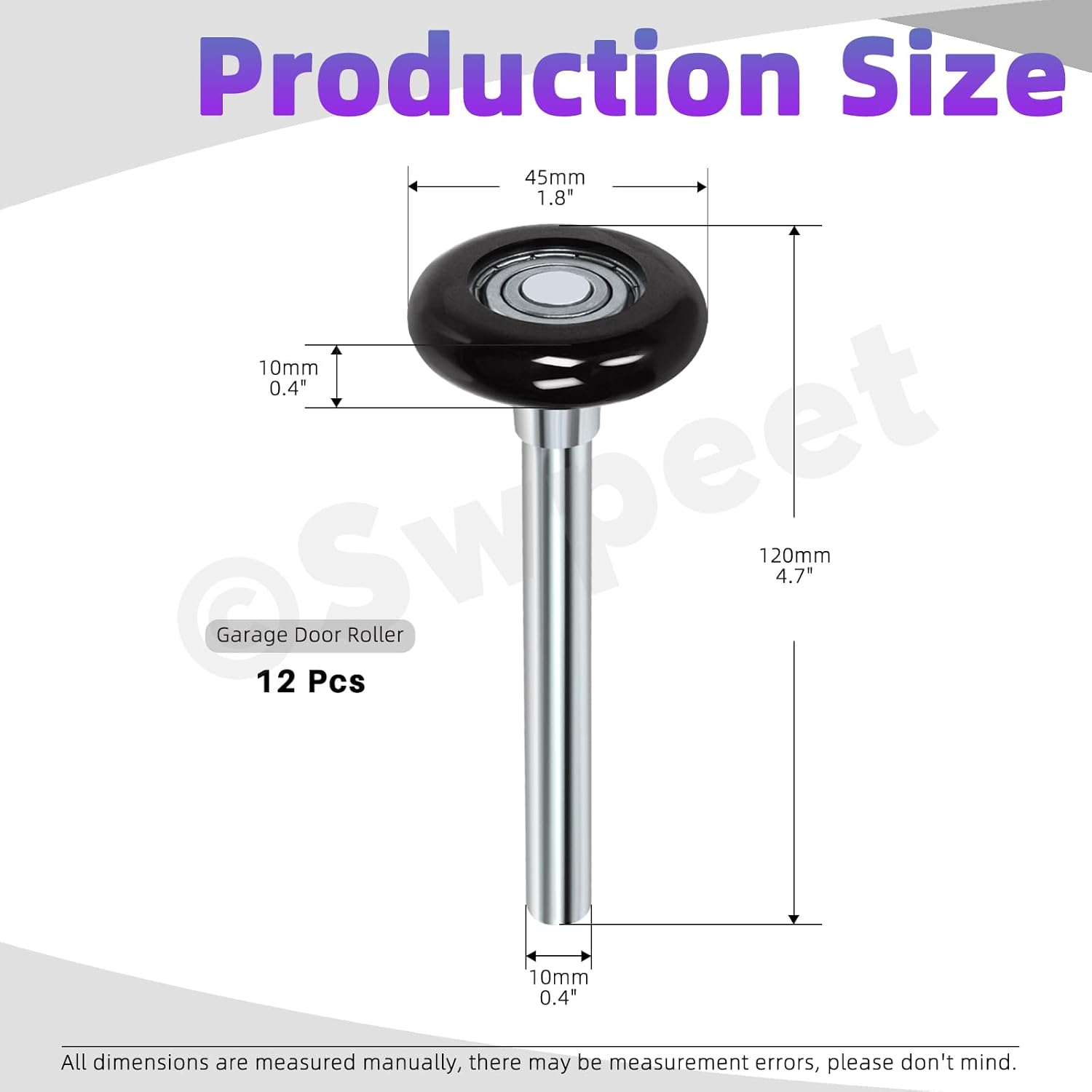 Swpeet 12Pcs 1.8" Black Quiet Garage Door Rollers - Nylon Wheels Replacement, Reinforced Dual Cage, Sealed 6200ZZ Ball Bearing 4" Stem, High Performance for Track image number 6