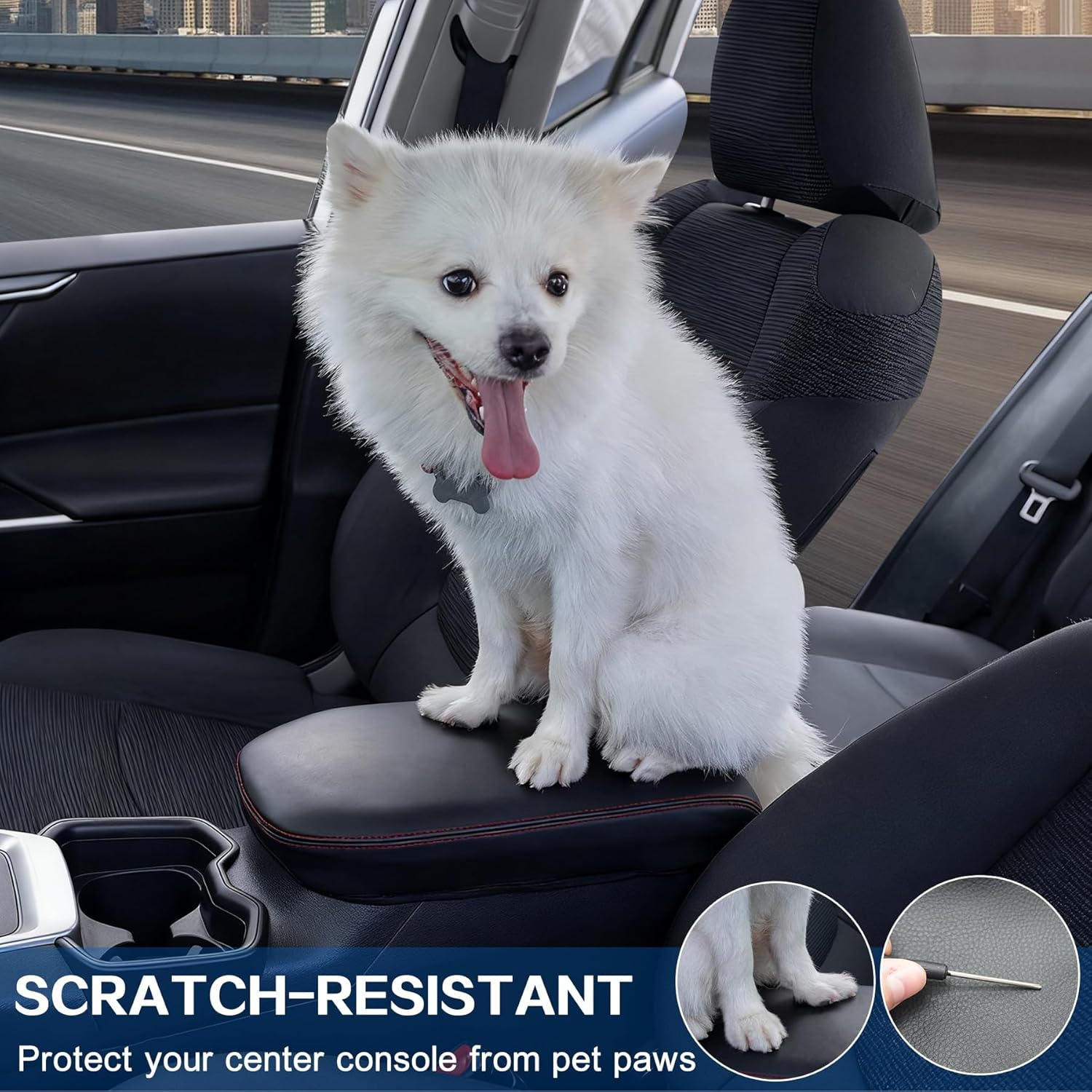 Center Console Cover for Toyota RAV4 2025-2019 Interior Accessories, Leather Car Armrest Cover with Towels, Middle Console Storage Box Pad Protector with Towels (Black) - Black image number 4