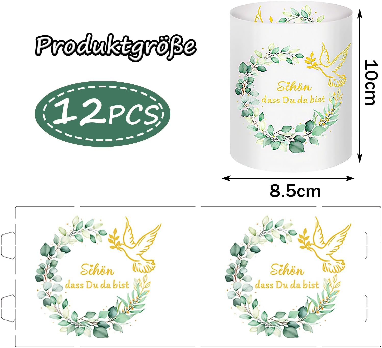 Pack of 12 Tea Lights Table Decoration, Sch&ouml;n DASS Du Da Bist Decorative Christening Lantern, Christening Eucalyptus Tea Light Glasses, Table Decoration Green for Birthday Confirmation Party Favours image number 3